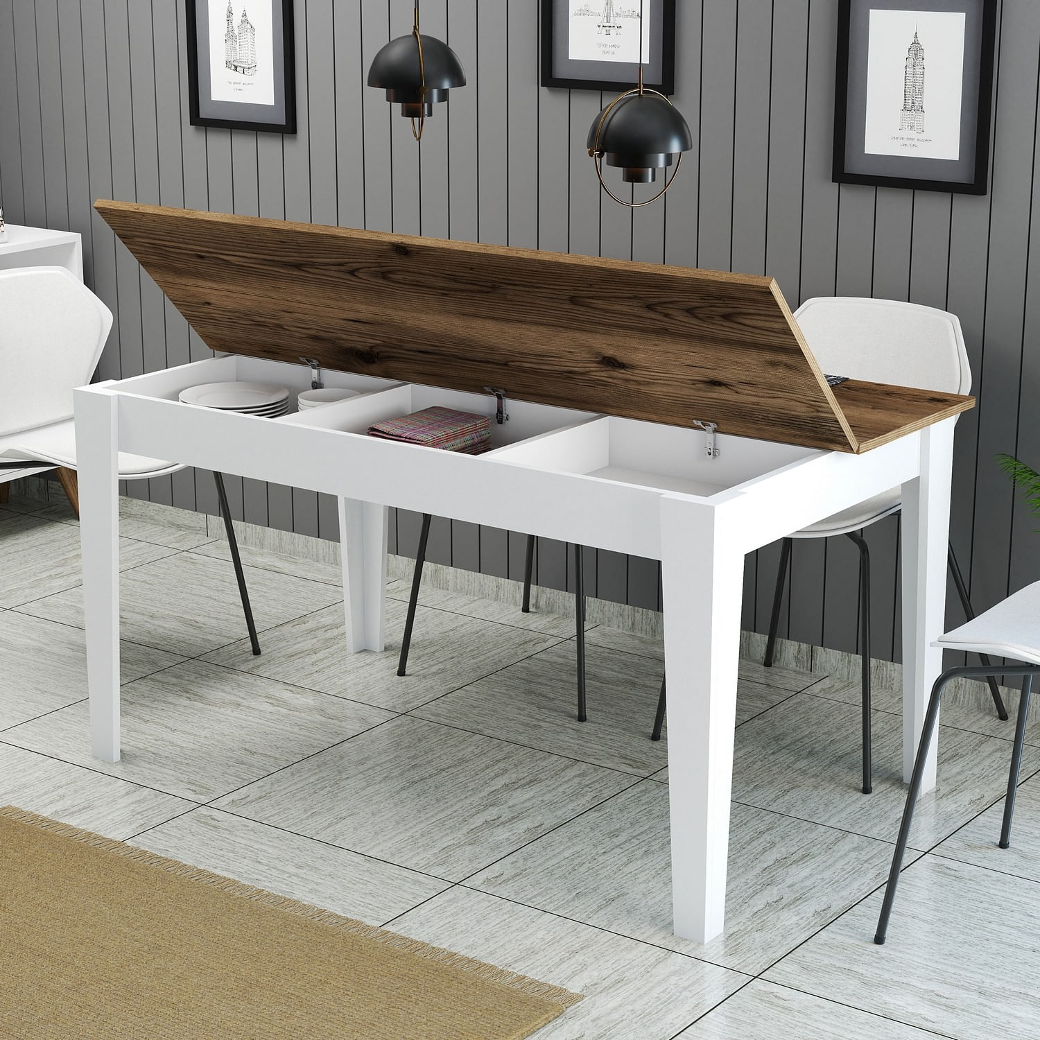 Masa dining, Hanah Home, pal melaminat, nuc, alb, 145x88x75 cm