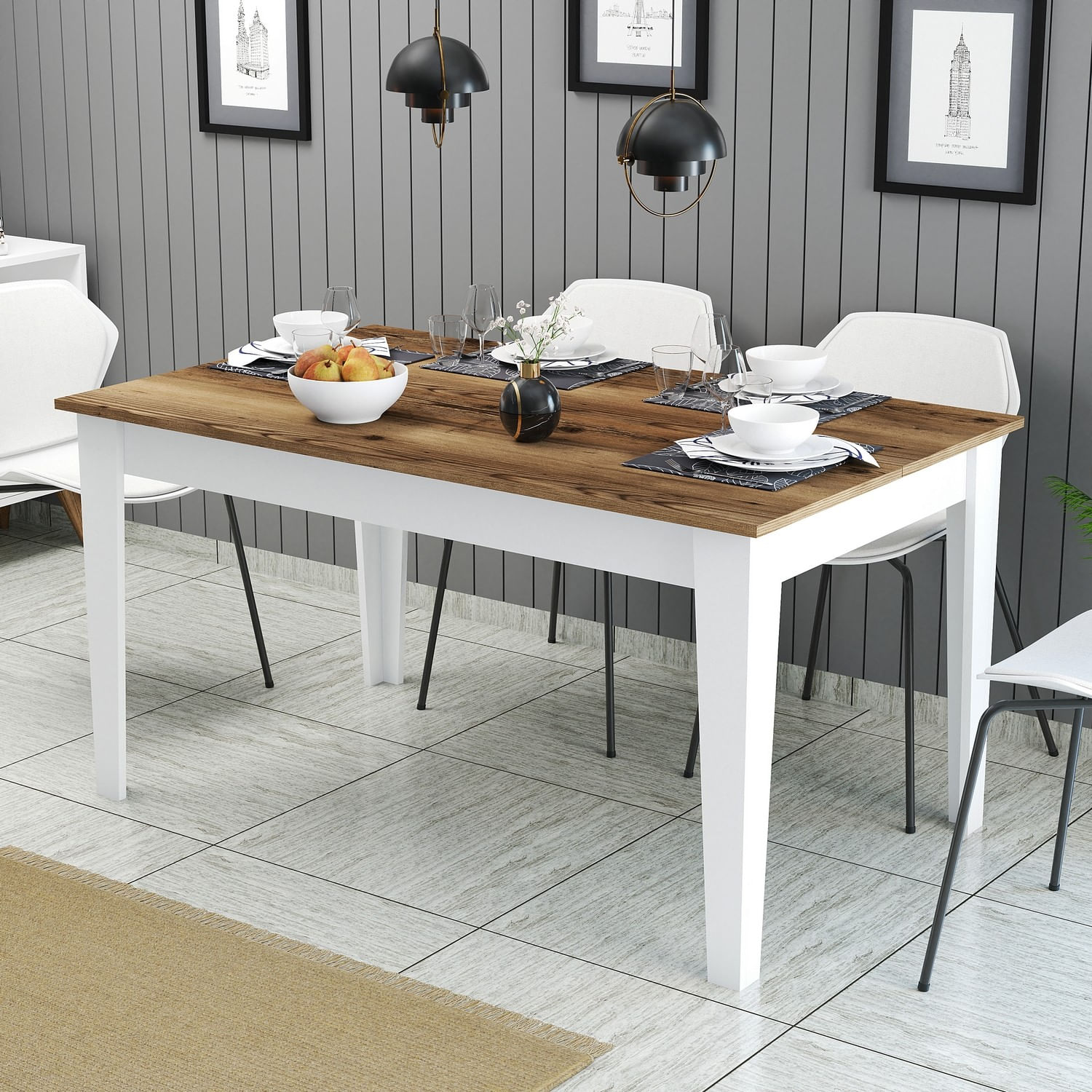 Masa dining, Hanah Home, pal melaminat, nuc, alb, 145x88x75 cm — imaginea 3