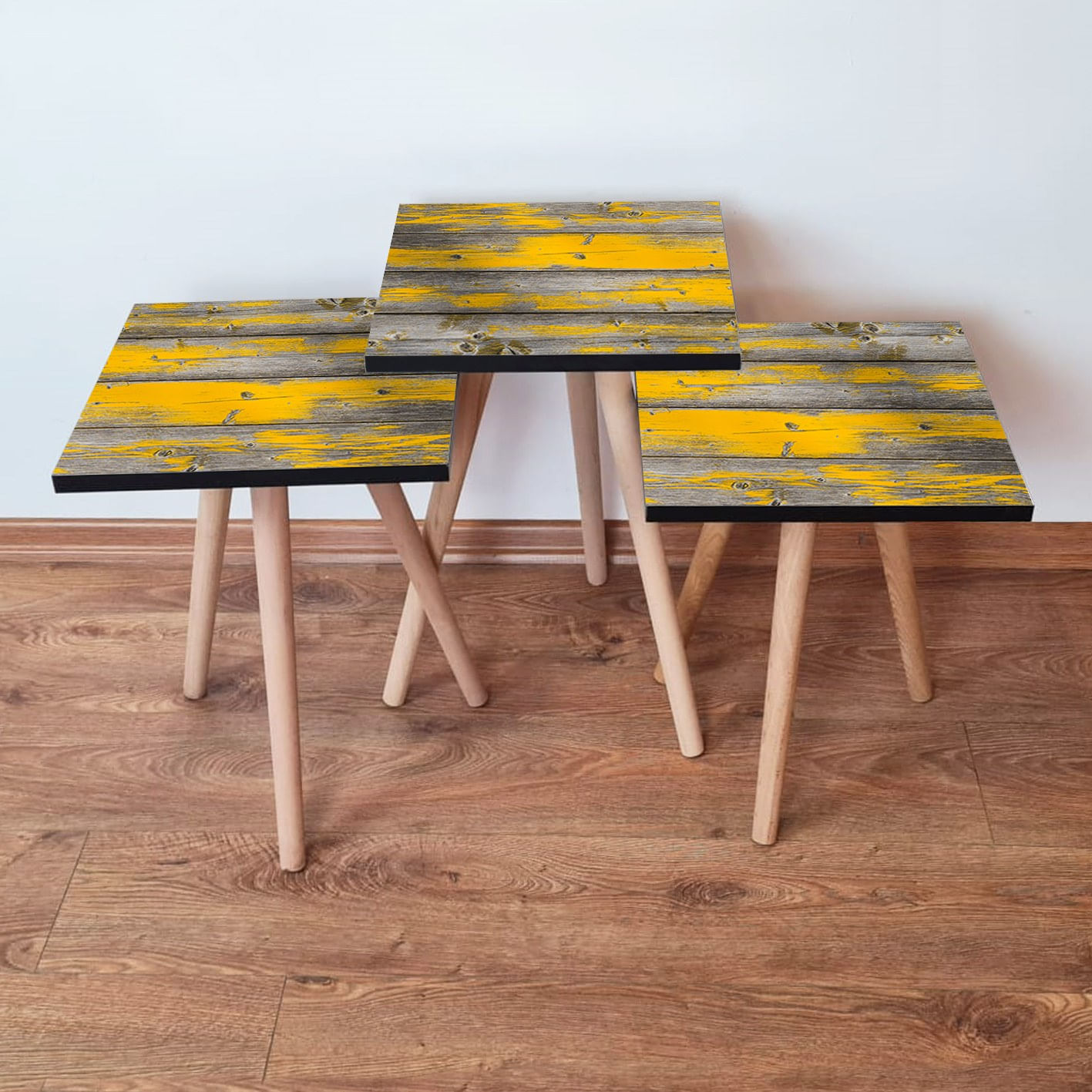 Set masute de cafea cuib, Hanah Home, mdf, gri si galben, 35x35x52 cm