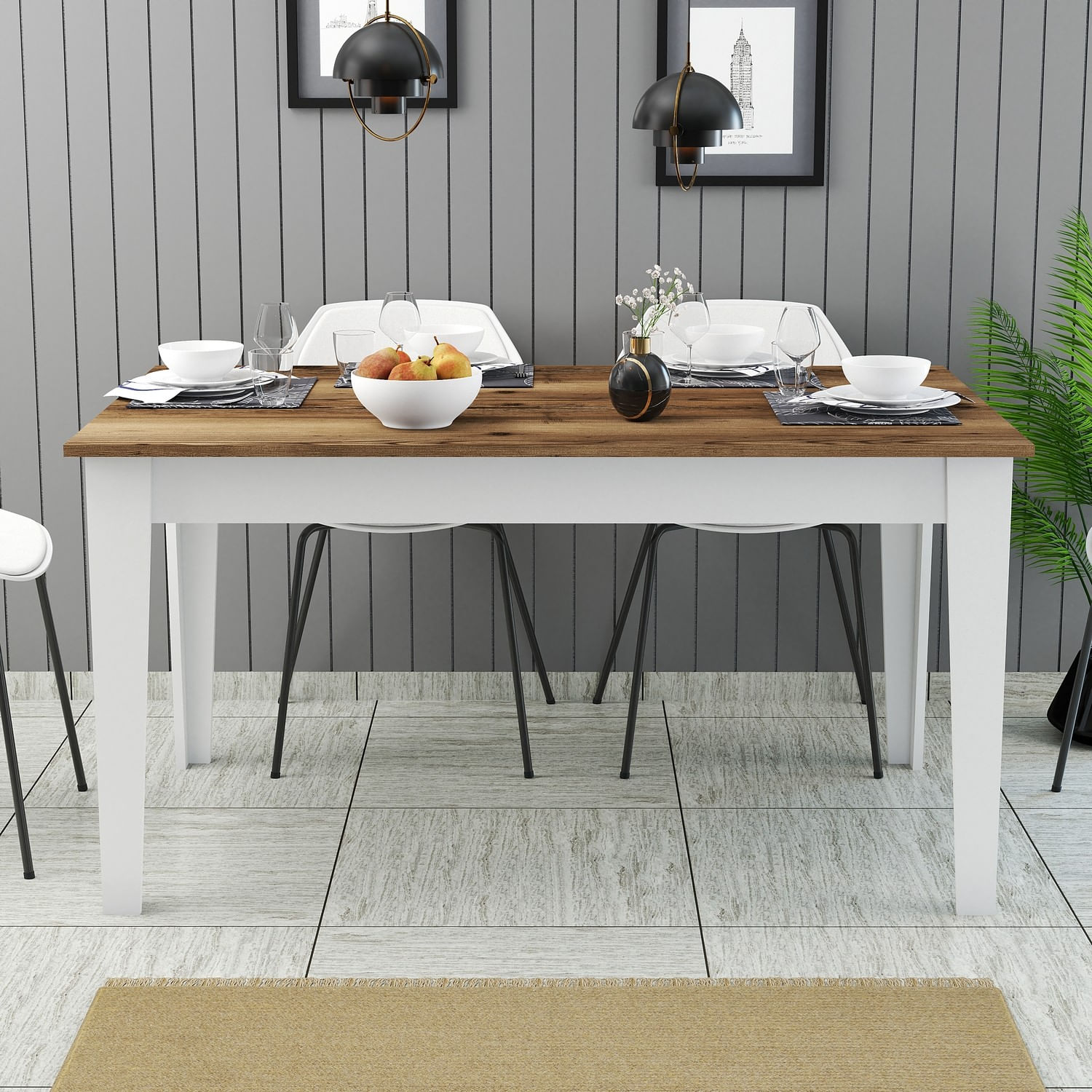 Masa dining, Hanah Home, pal melaminat, nuc, alb, 145x88x75 cm — imaginea 6