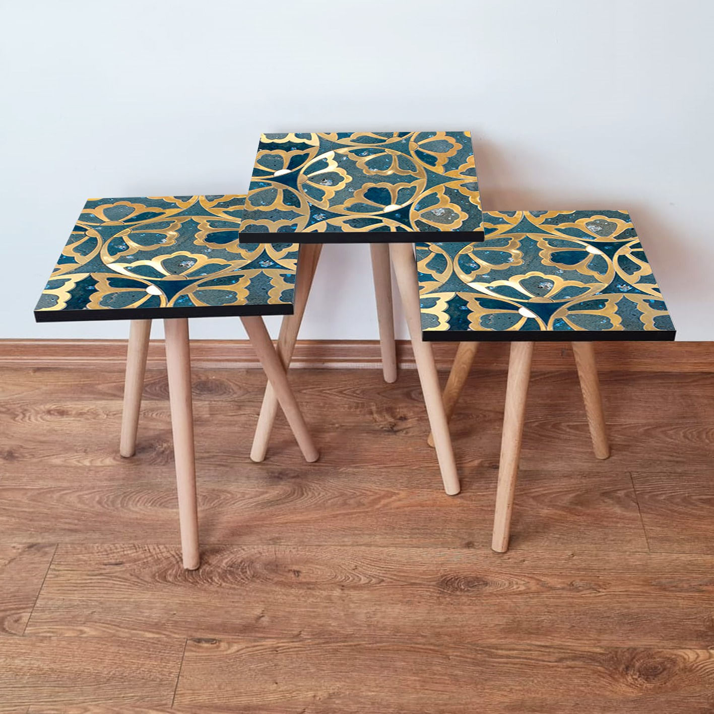 Set masute de cafea, Hanah Home, mdf, albastru marin auriu, 35x35x52 cm