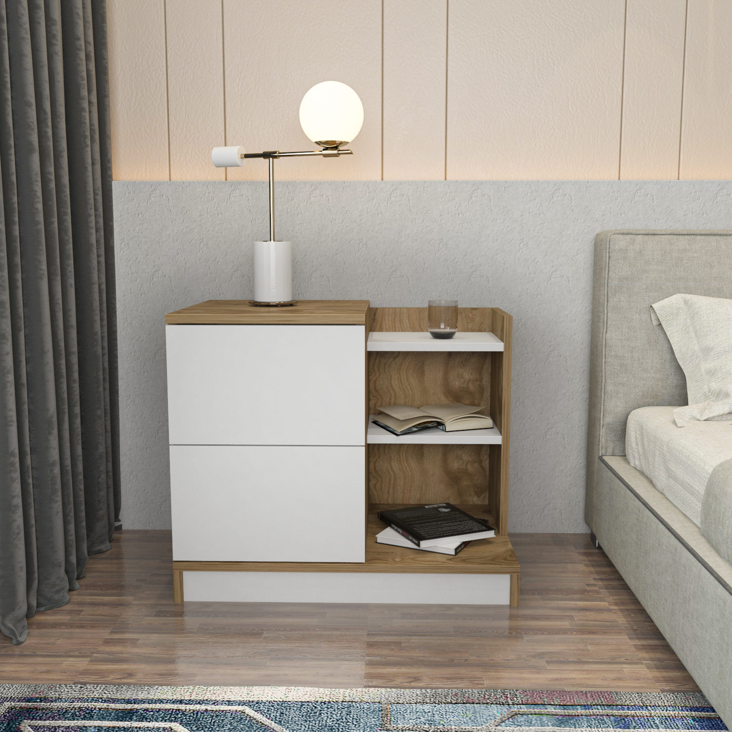 Noptiera, Hanah Home, pal melaminat, alb si stejar, 72x45x60 cm — imaginea 3