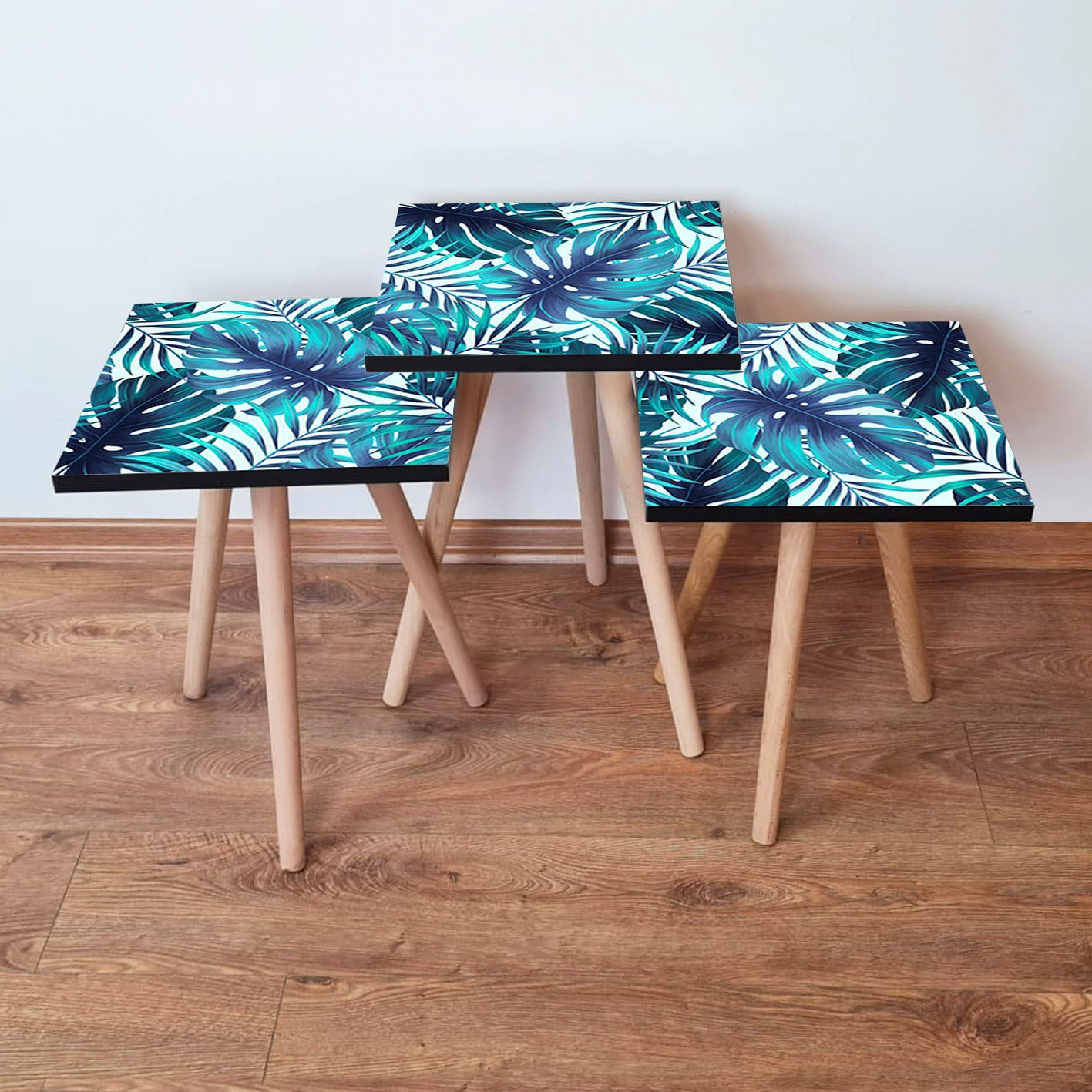 Set mese de cafea cuib, Hanah Home, mdf, albastru marin, alb, 35x35x52 cm