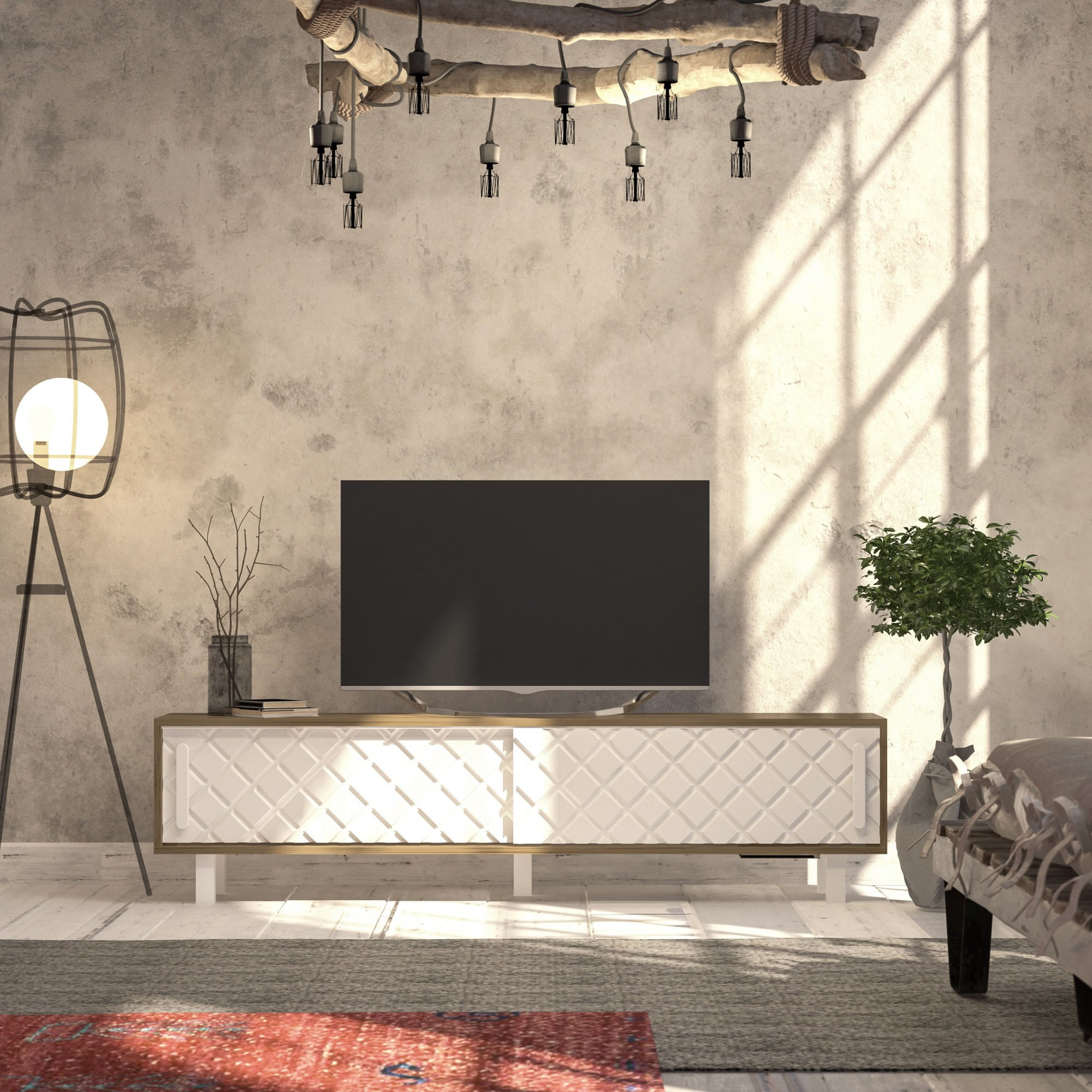 Comoda tv, Hanah Home, pal melaminat, stejar alb, 180x35x48.2 cm — imaginea 4