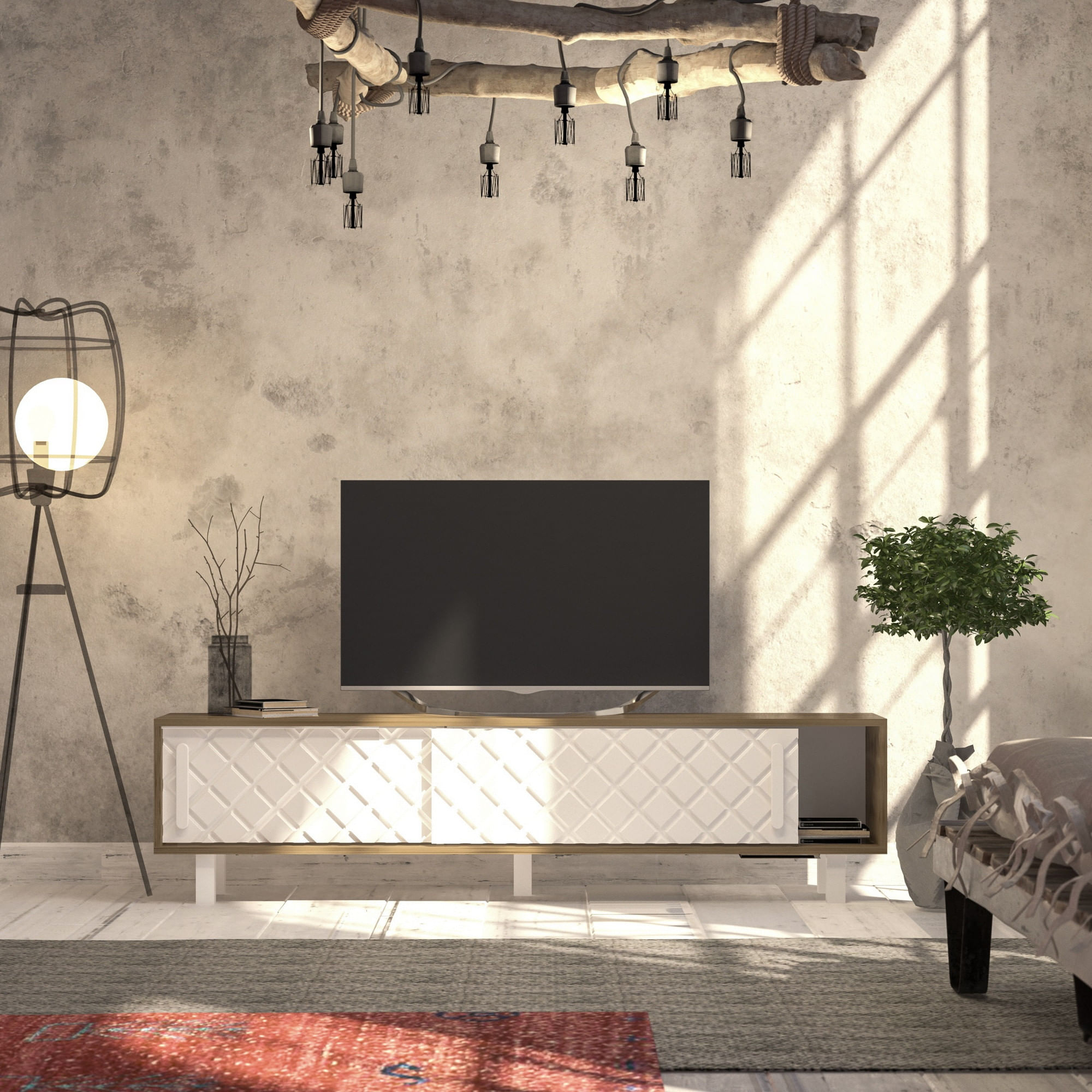 Comoda tv, Hanah Home, pal melaminat, stejar alb, 180x35x48.2 cm — imaginea 5