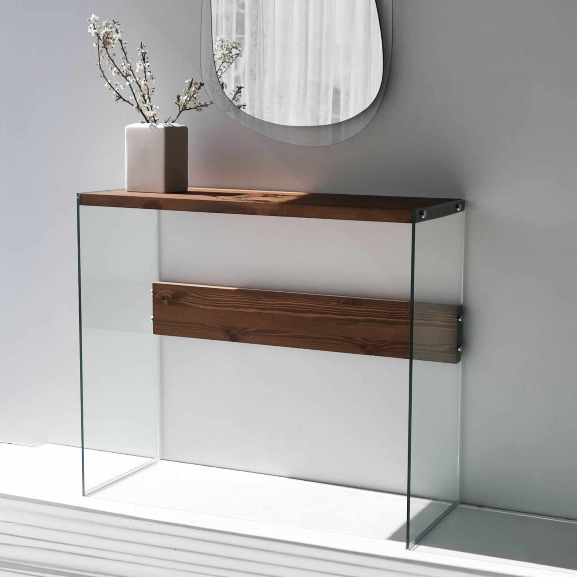 Consola, Hanah Home, sticla calita si lemn masiv de pin, nuc, 91x37x80 cm — imaginea 2