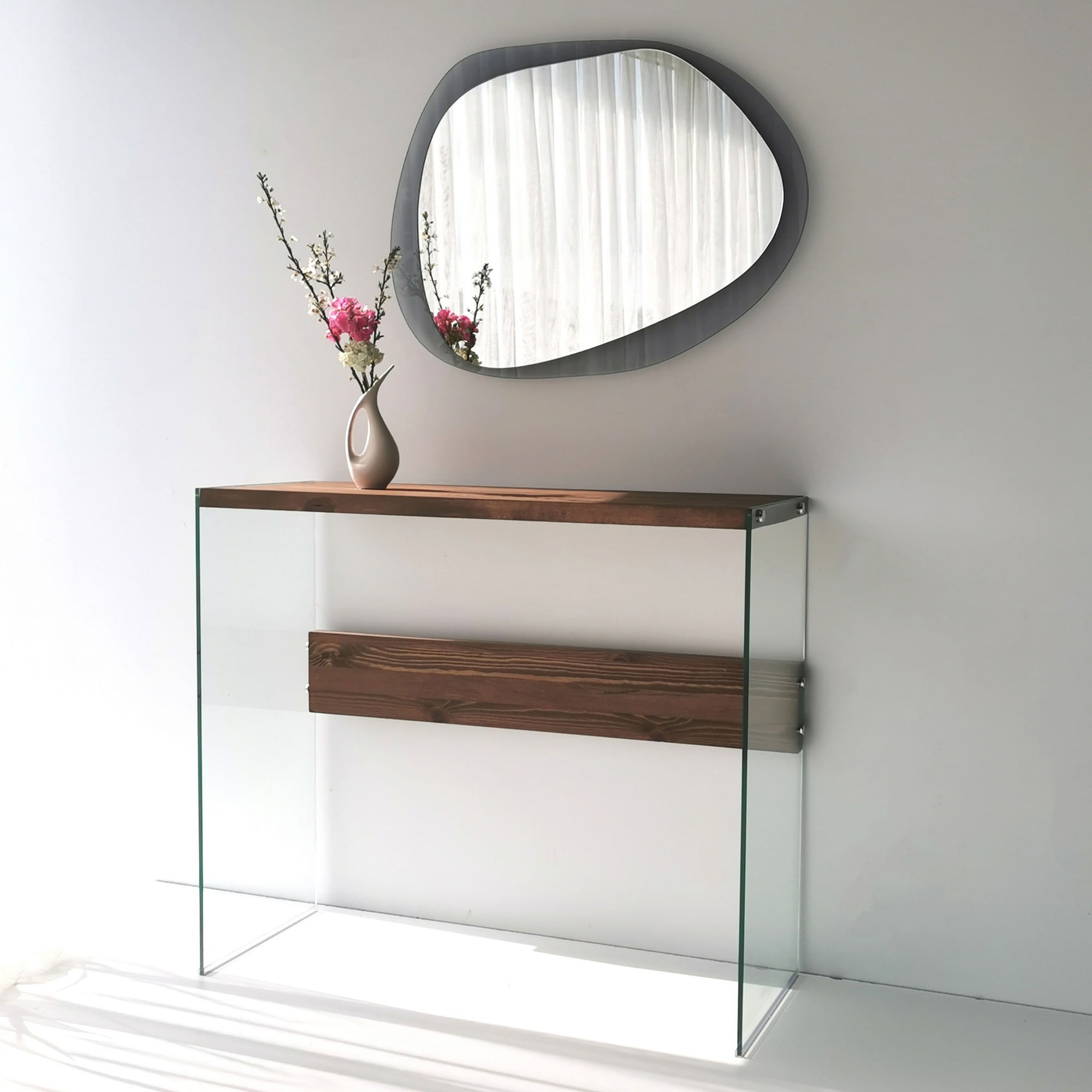 Consola, Hanah Home, sticla calita si lemn masiv de pin, nuc, 91x37x80 cm — imaginea 3