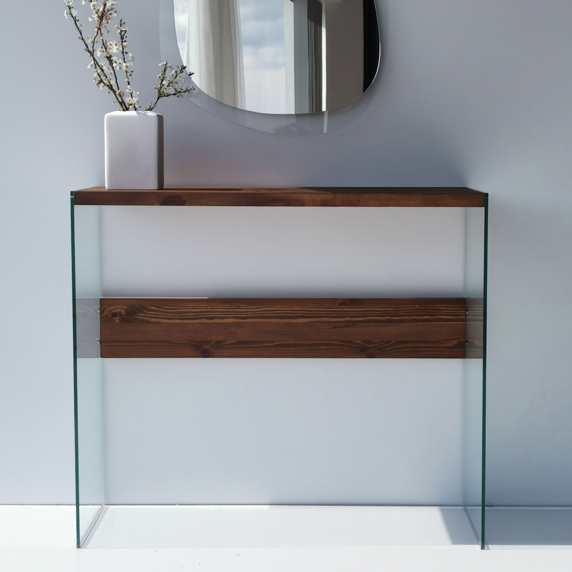 Consola, Hanah Home, sticla calita si lemn masiv de pin, nuc, 91x37x80 cm — imaginea 5