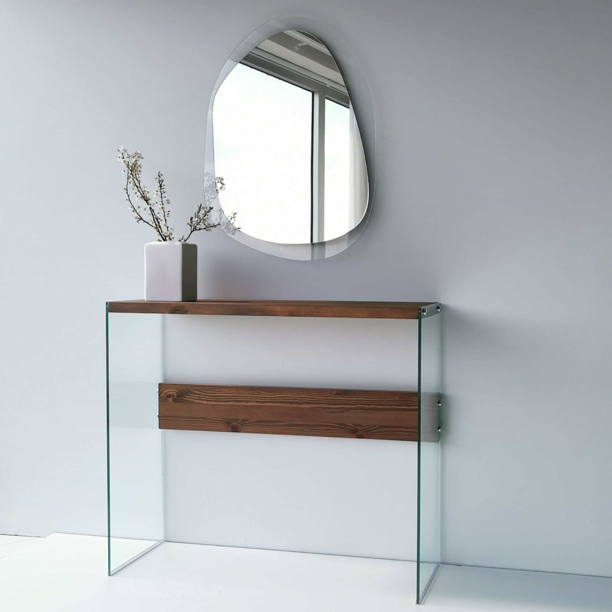 Consola, Hanah Home, sticla calita si lemn masiv de pin, nuc, 91x37x80 cm — imaginea 6