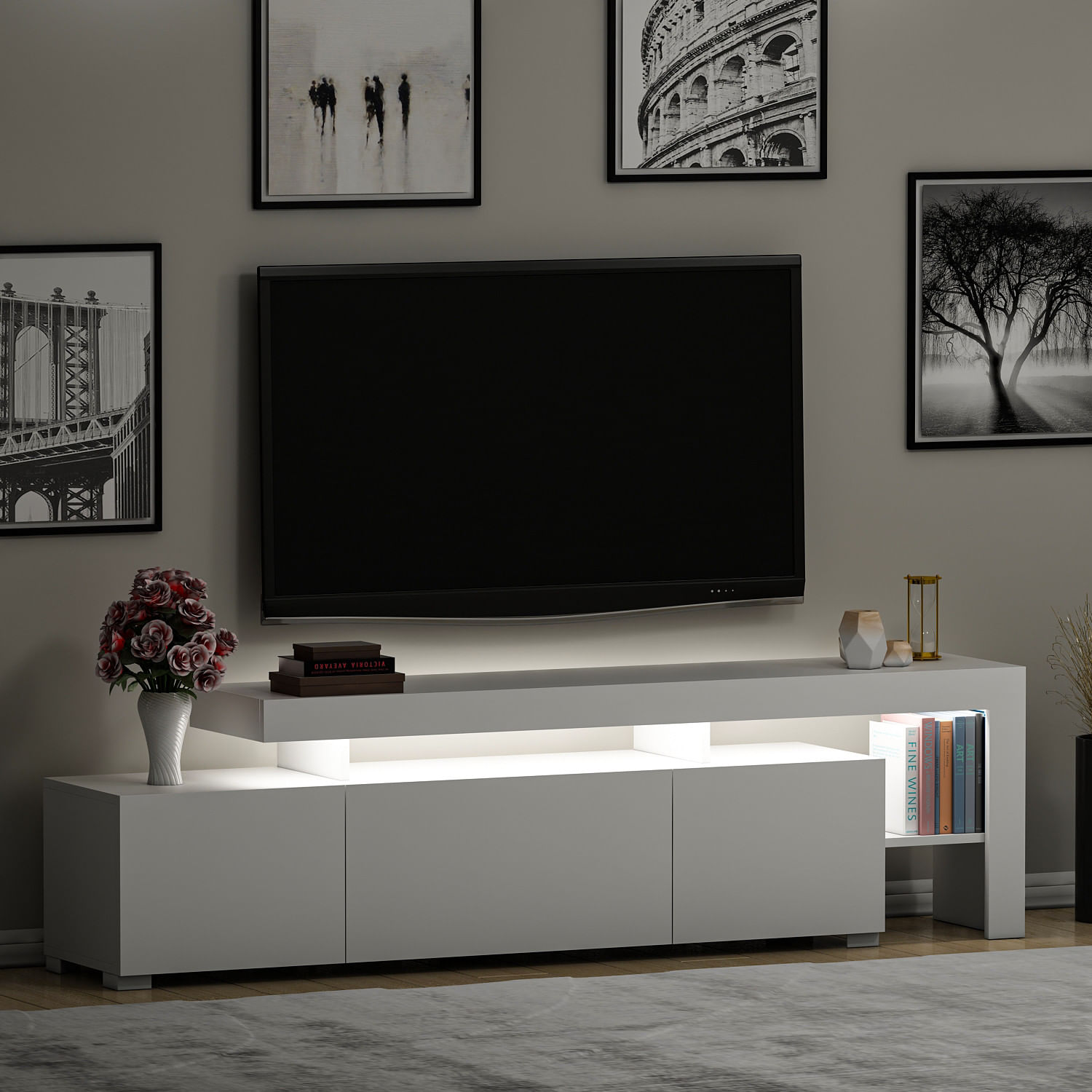 Comoda tv, Hanah Home, pal melaminat, alb, 192x53x37 cm, led - 3 | YEO
