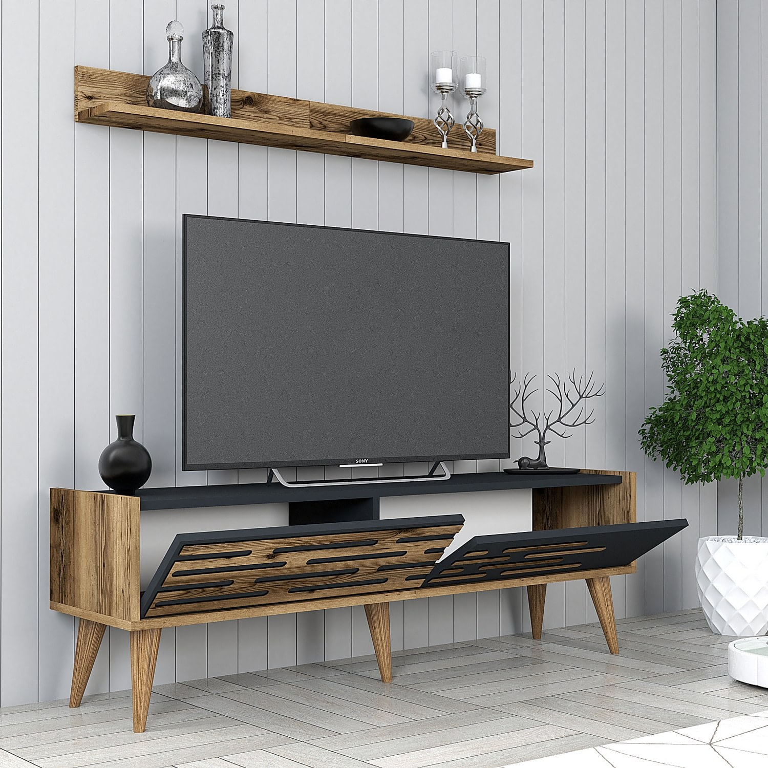 Comoda tv, Hanah Home, pal melaminat, nuc si antracit, 140x45x35 cm — imaginea 2