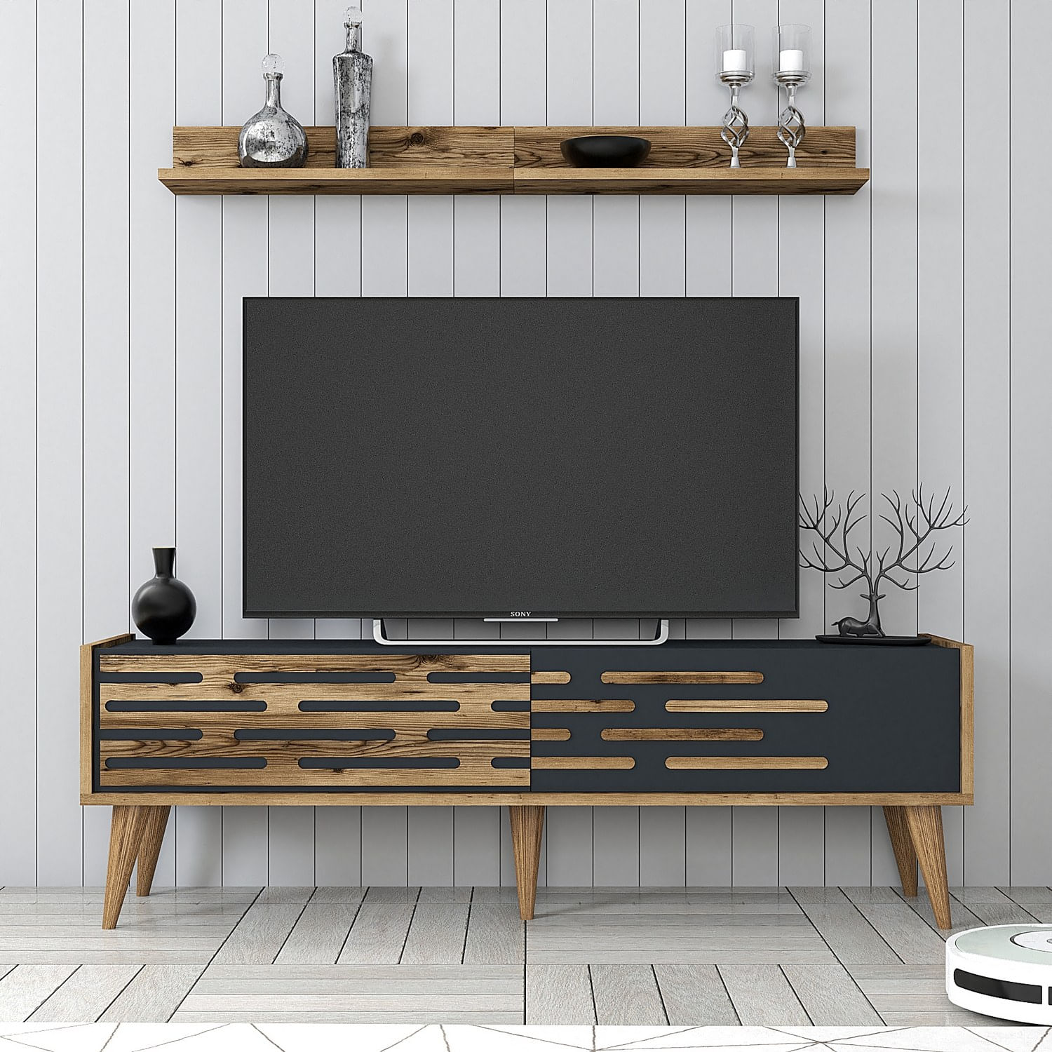 Comoda tv, Hanah Home, pal melaminat, nuc si antracit, 140x45x35 cm — imaginea 3