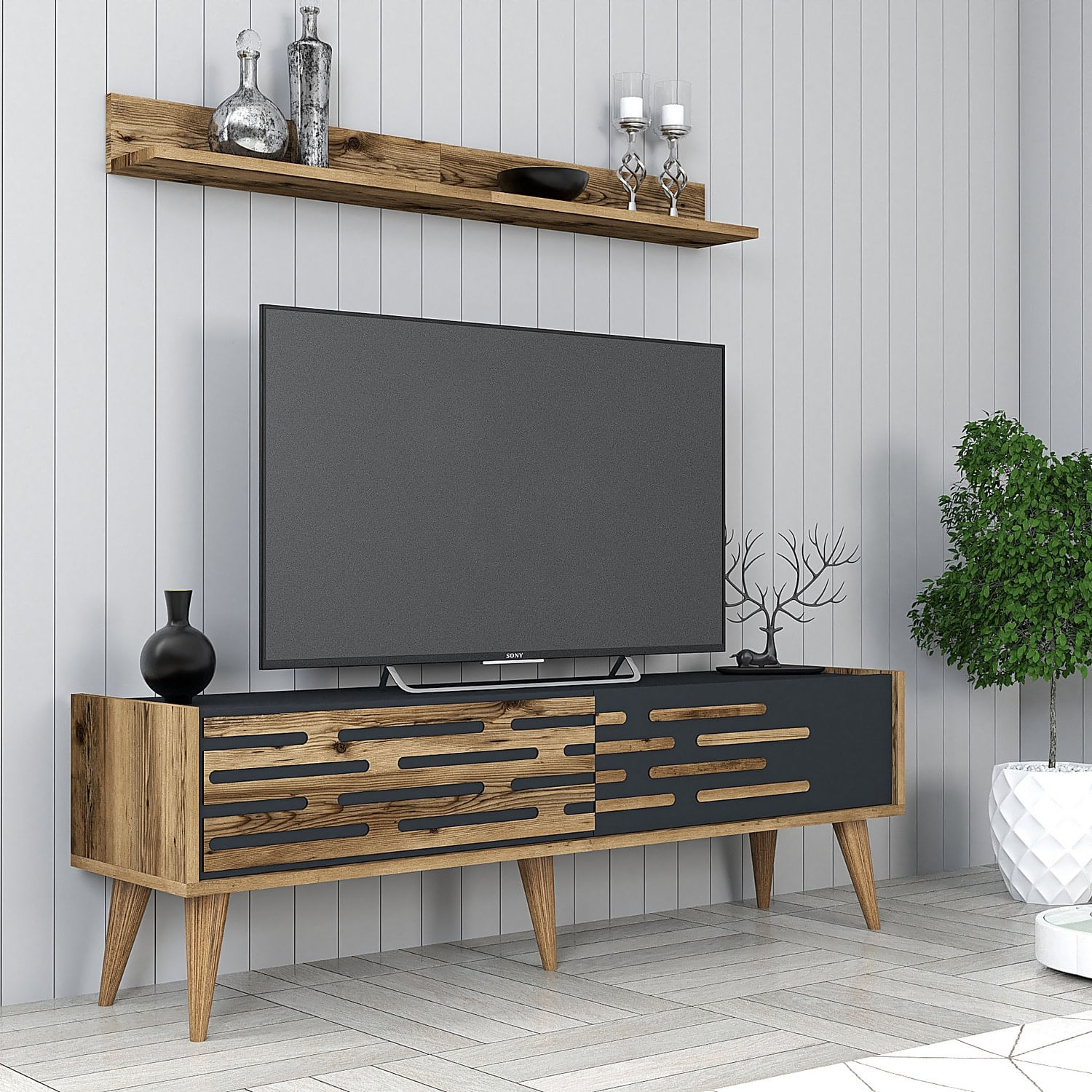 Comoda tv, Hanah Home, pal melaminat, nuc si antracit, 140x45x35 cm — imaginea 5