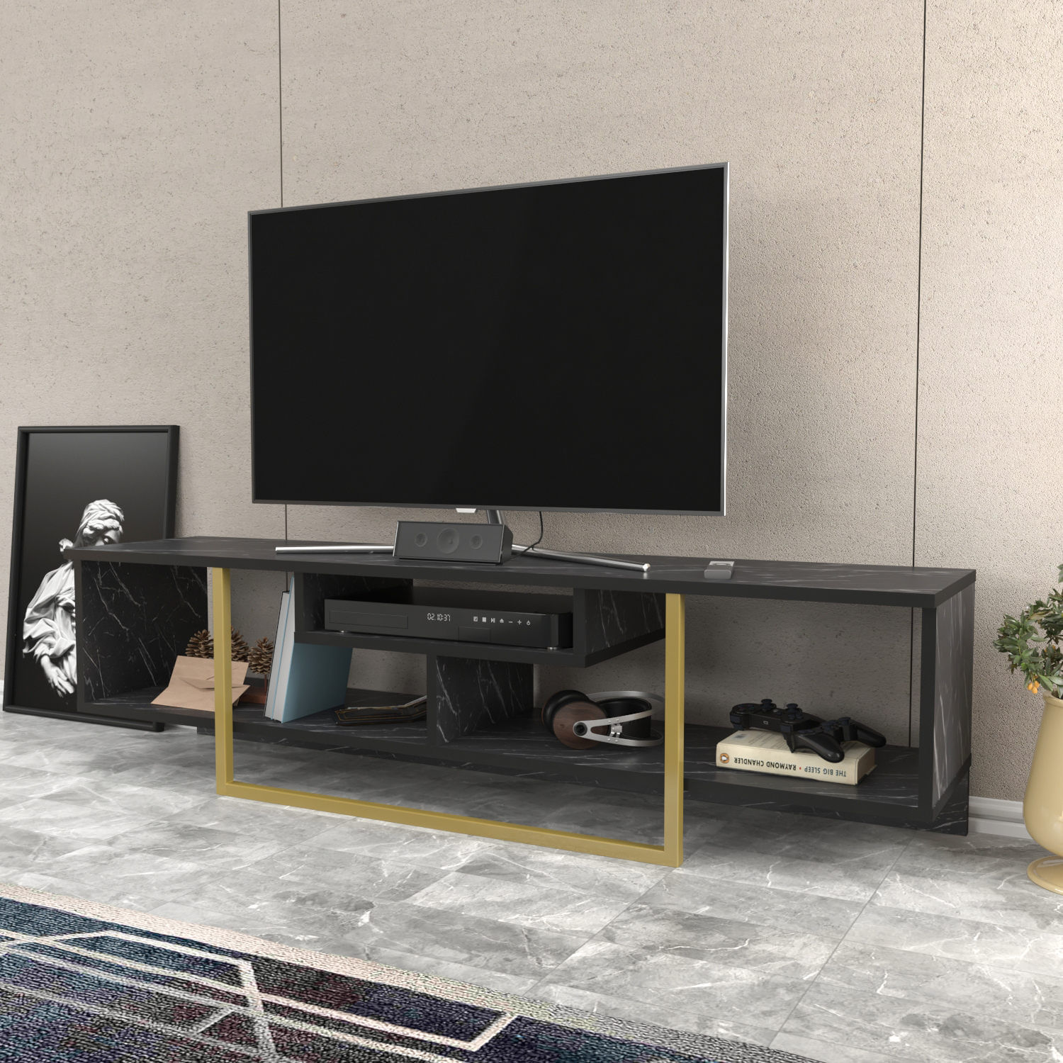 Comoda tv, Hanah Home, pal melaminat, negru auriu, 150x35.2x40 cm — imaginea 4