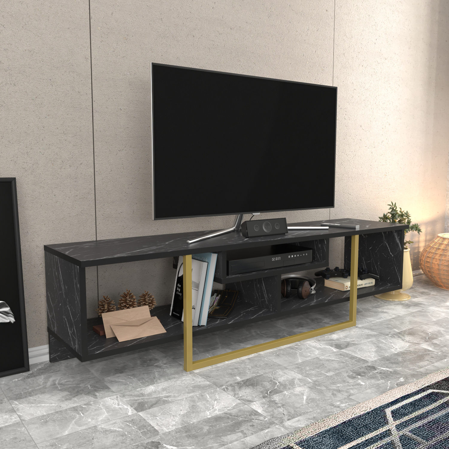 Comoda tv, Hanah Home, pal melaminat, negru auriu, 150x35.2x40 cm — imaginea 5