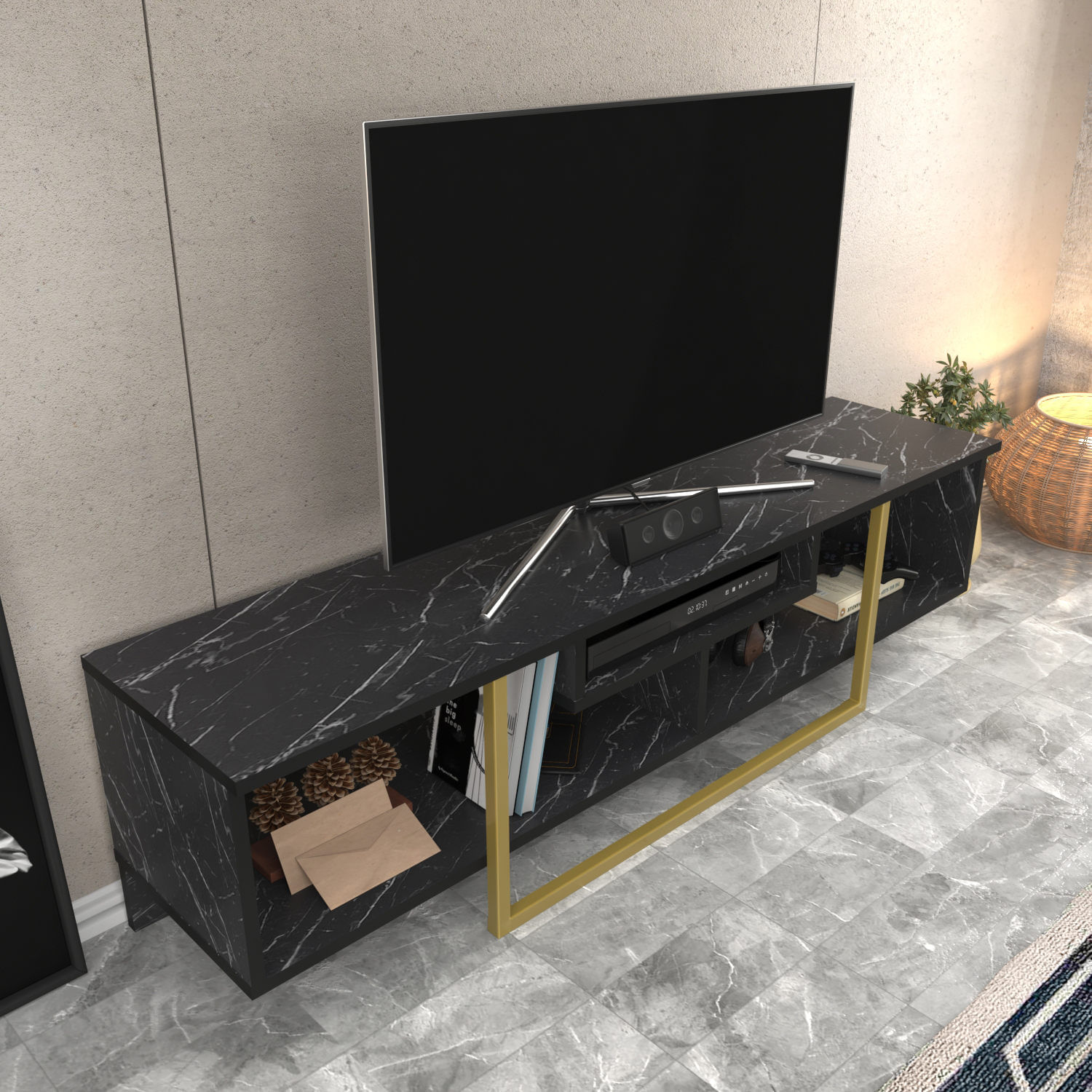 Comoda tv, Hanah Home, pal melaminat, negru auriu, 150x35.2x40 cm — imaginea 7