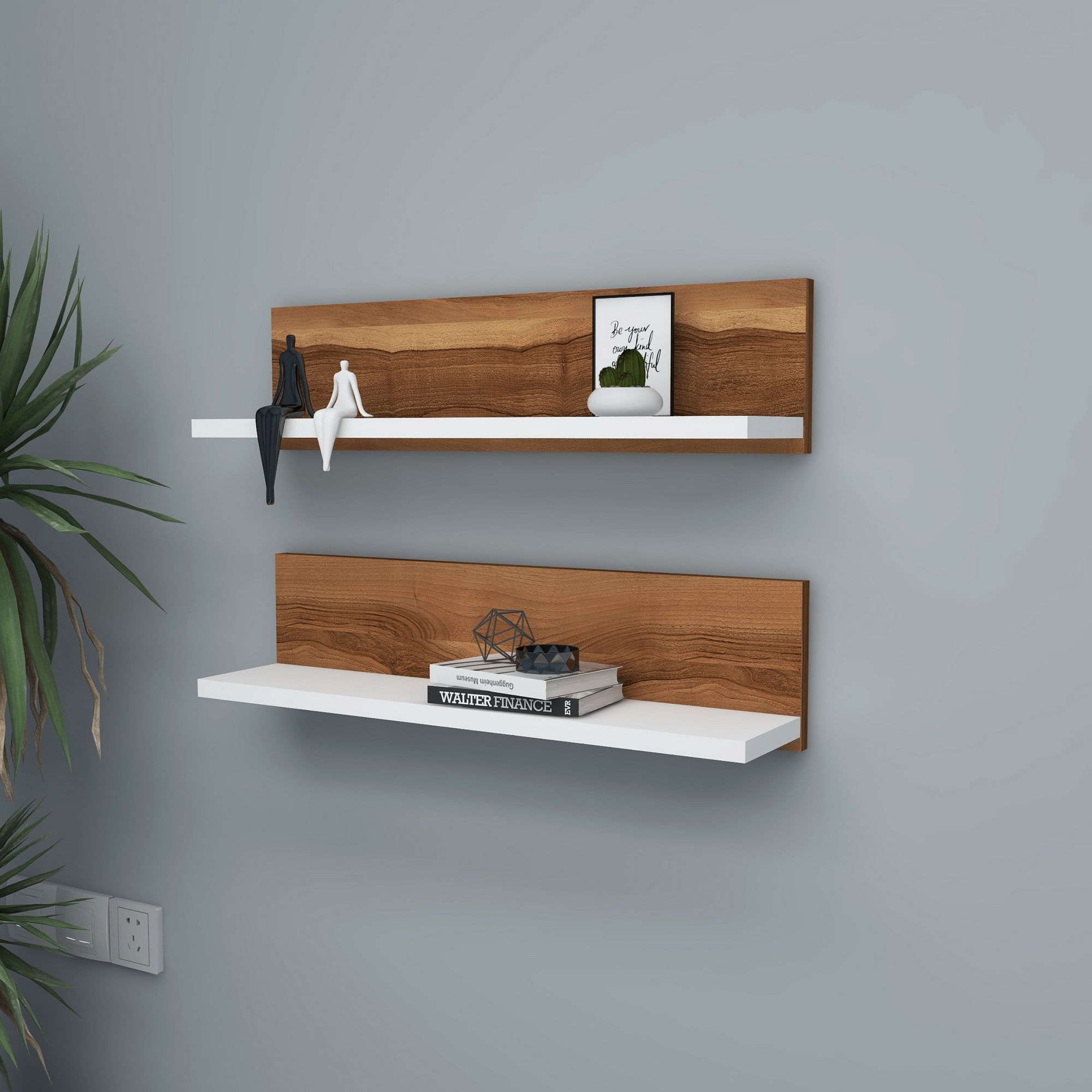 Raft de perete, Hanah Home, pal melaminat, nuc si alb, 60x15x13 cm, set 2 bucati — imaginea 3