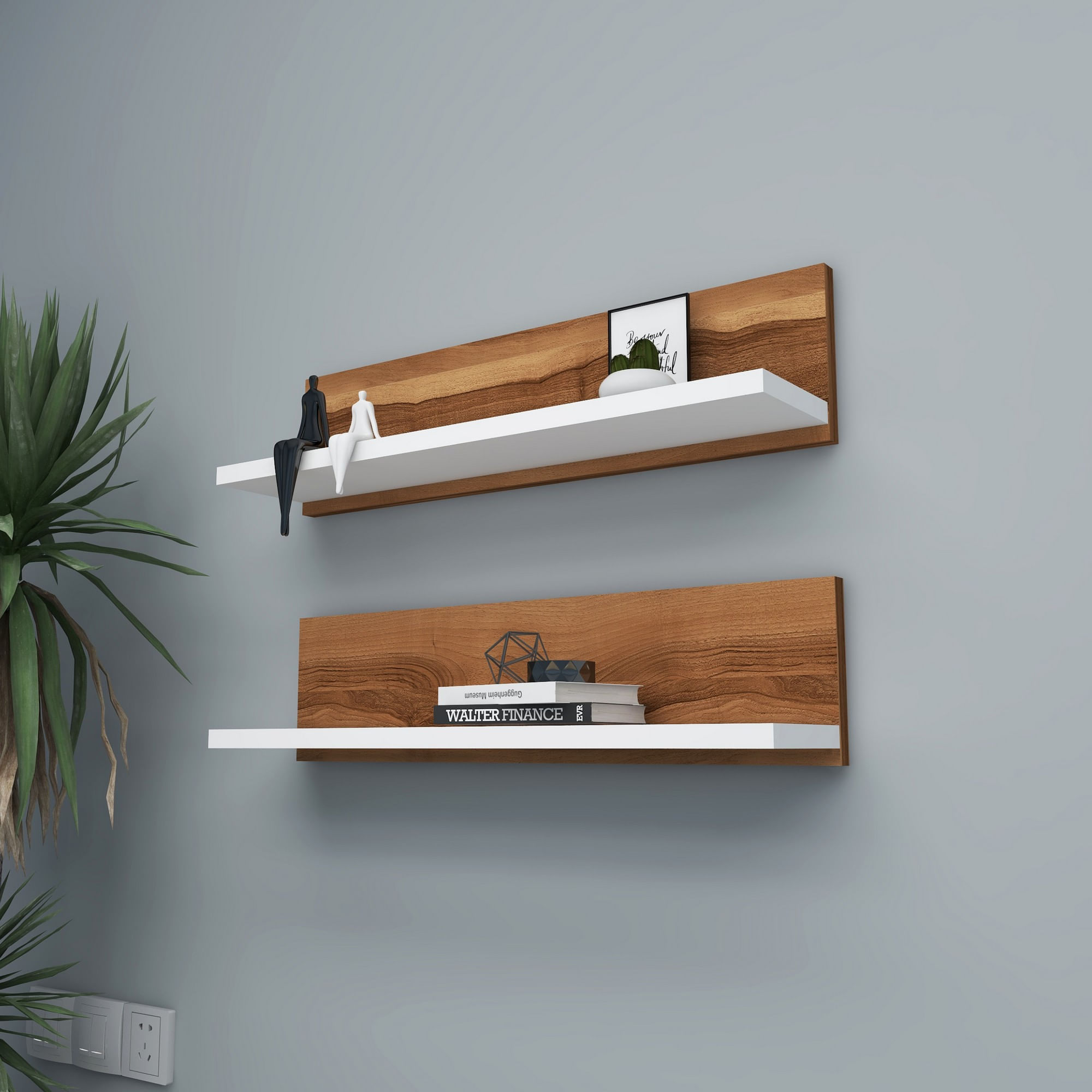 Raft de perete, Hanah Home, pal melaminat, nuc si alb, 60x15x13 cm, set 2 bucati — imaginea 4