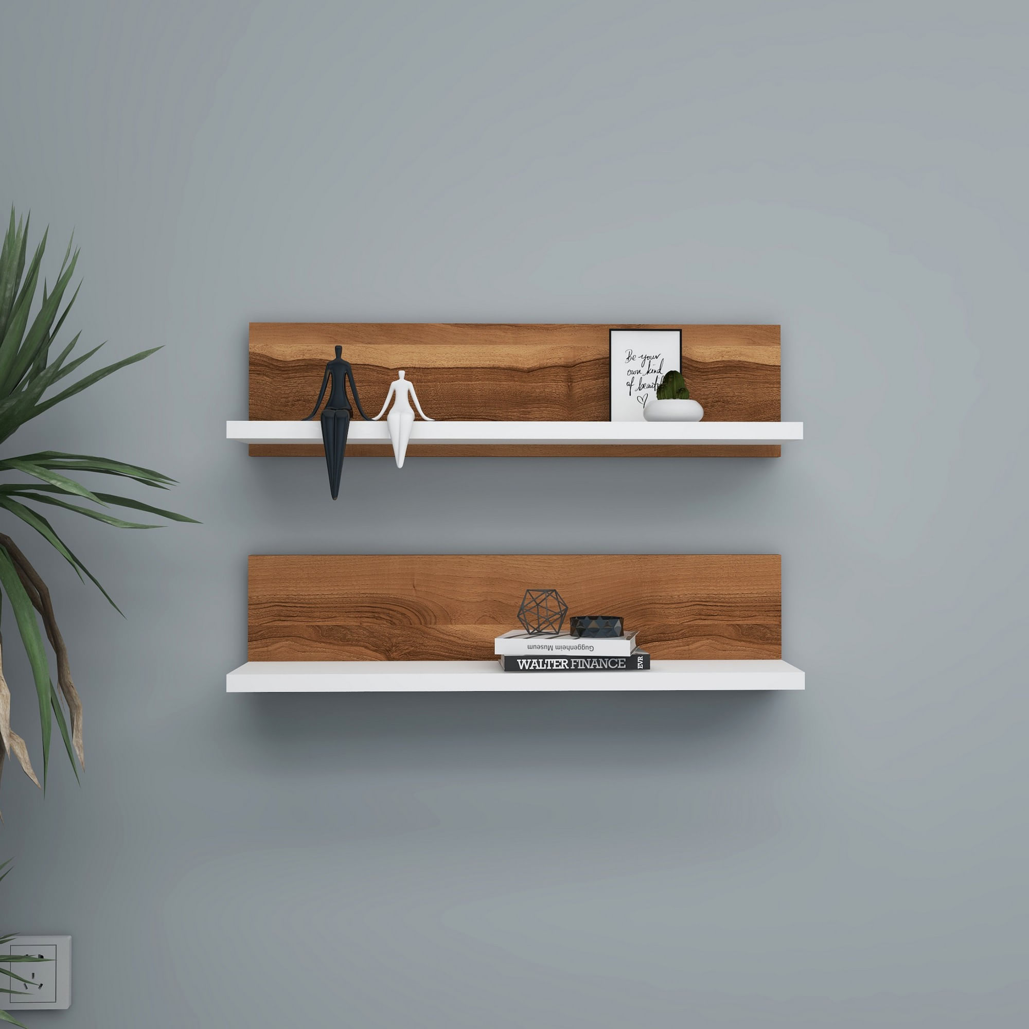 Raft de perete, Hanah Home, pal melaminat, nuc si alb, 60x15x13 cm, set 2 bucati — imaginea 5