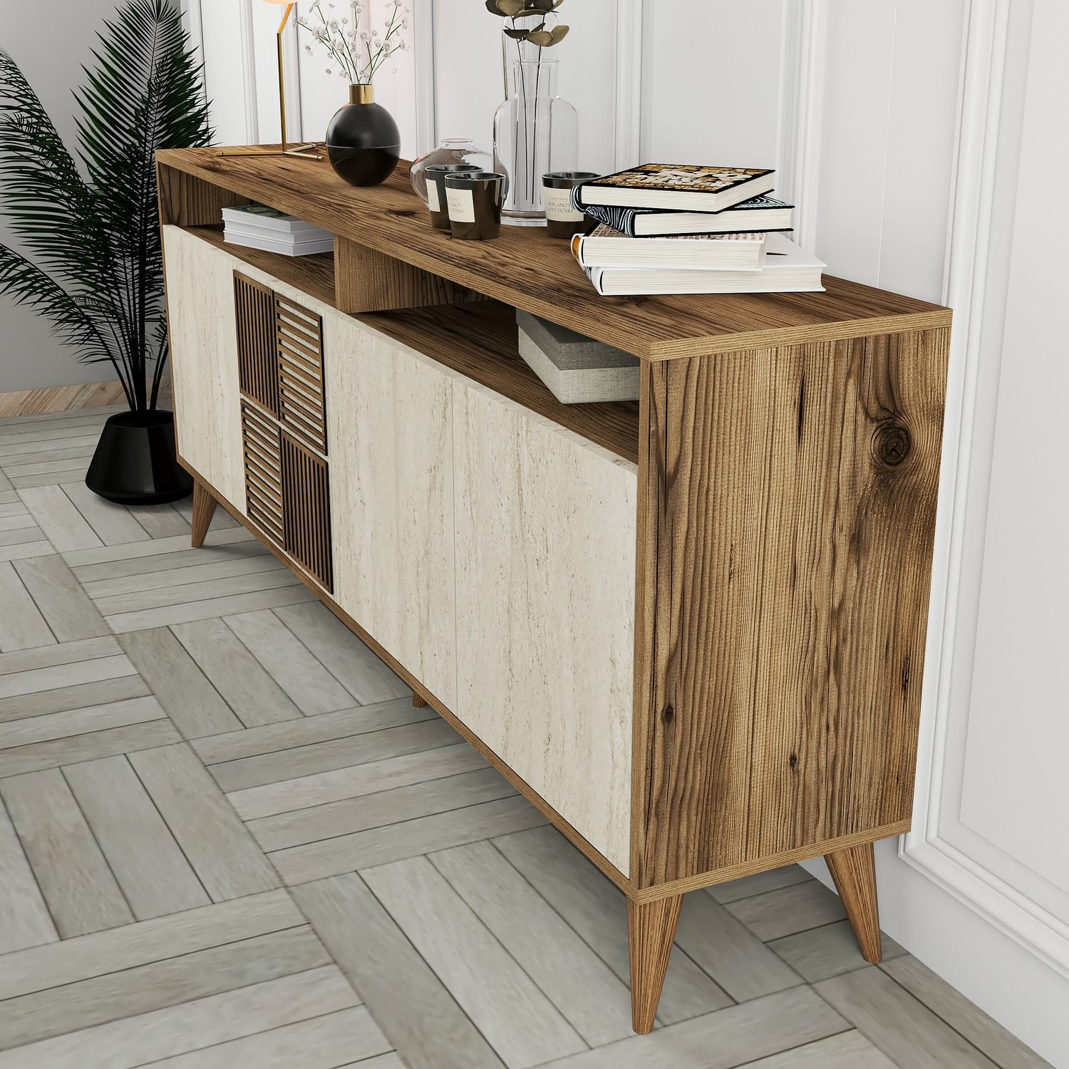 Consola, Hanah Home, panou de particule melaminat, nuc si travertin, 180x35x78 cm, 845HCT5606 — imaginea 2