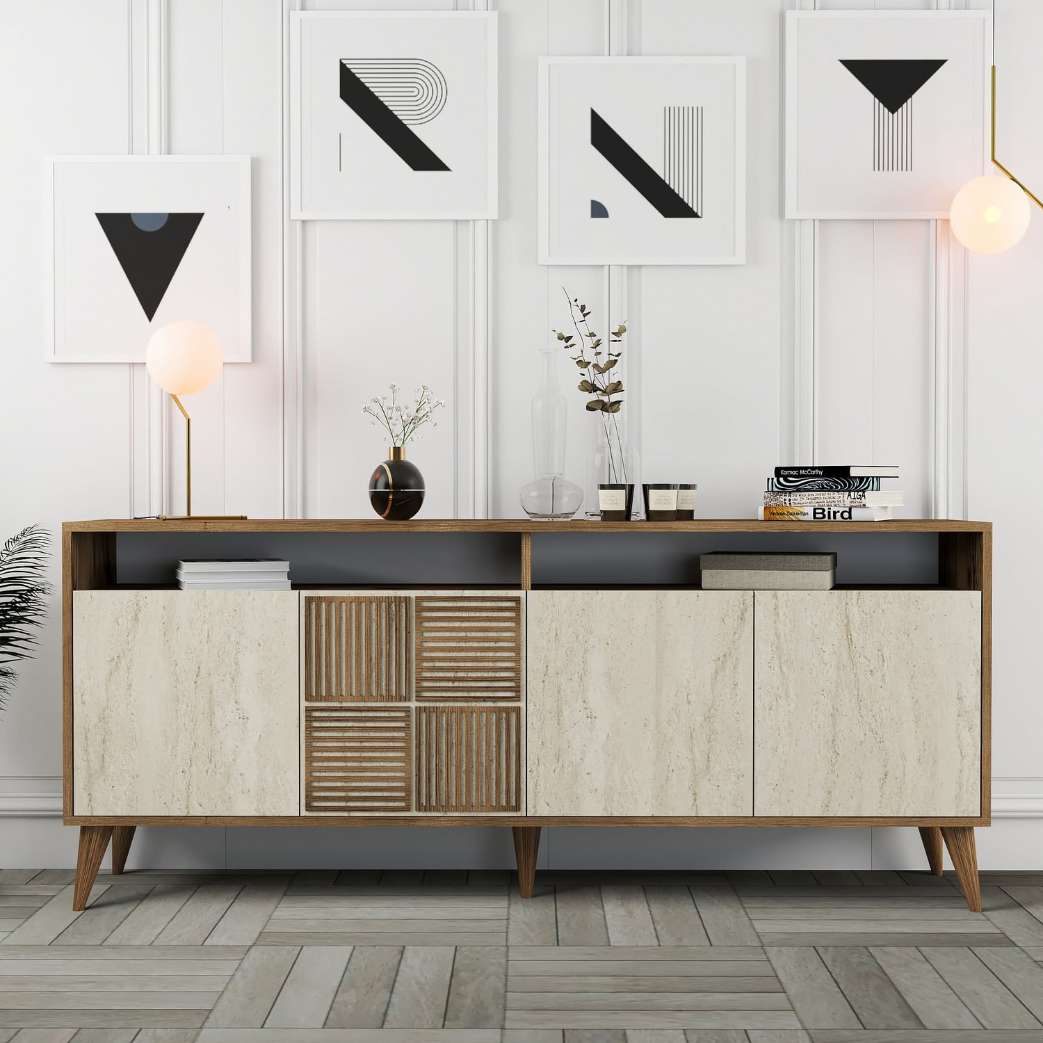Consola, Hanah Home, panou de particule melaminat, nuc si travertin, 180x35x78 cm, 845HCT5606 — imaginea 4
