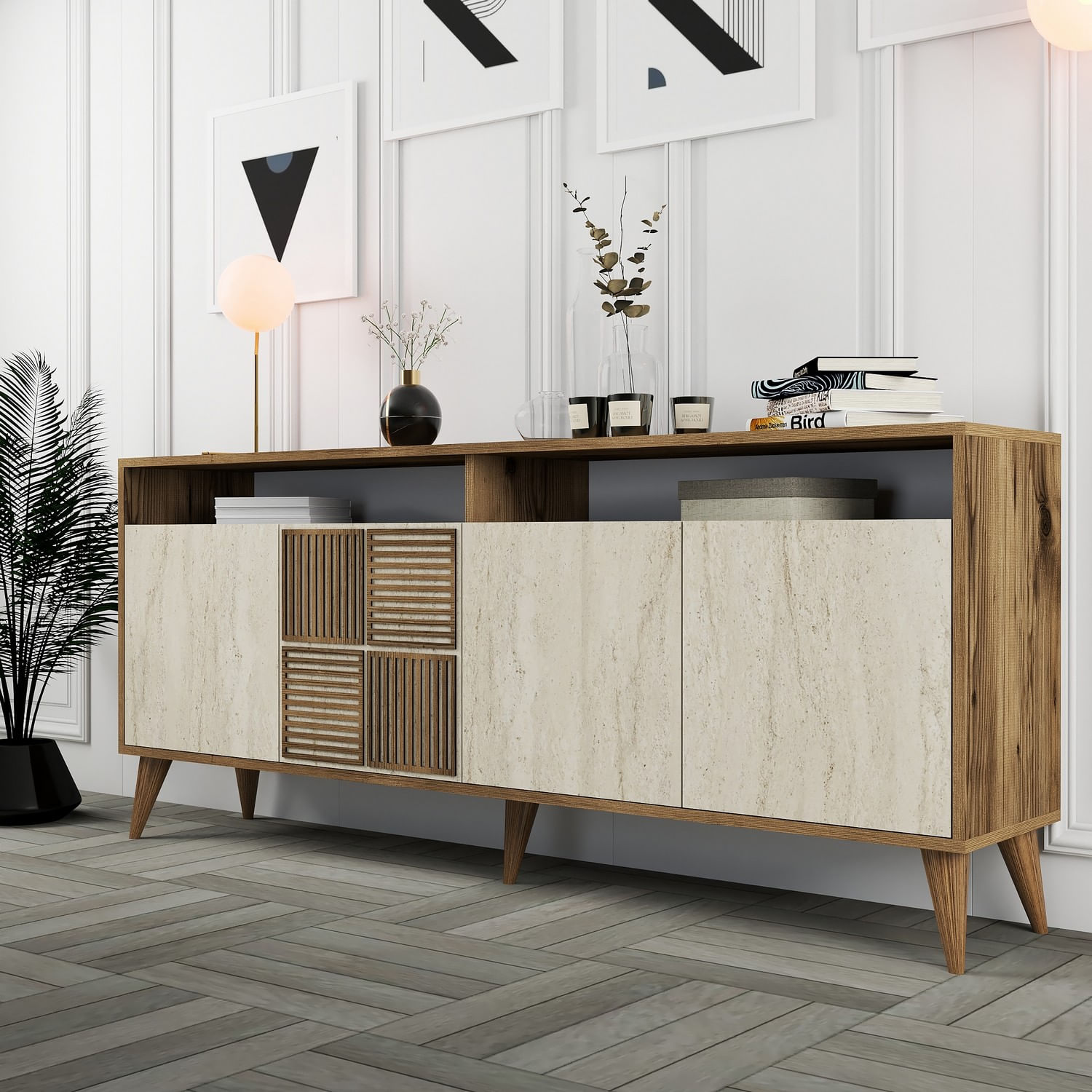 Consola, Hanah Home, panou de particule melaminat, nuc si travertin, 180x35x78 cm, 845HCT5606 — imaginea 5