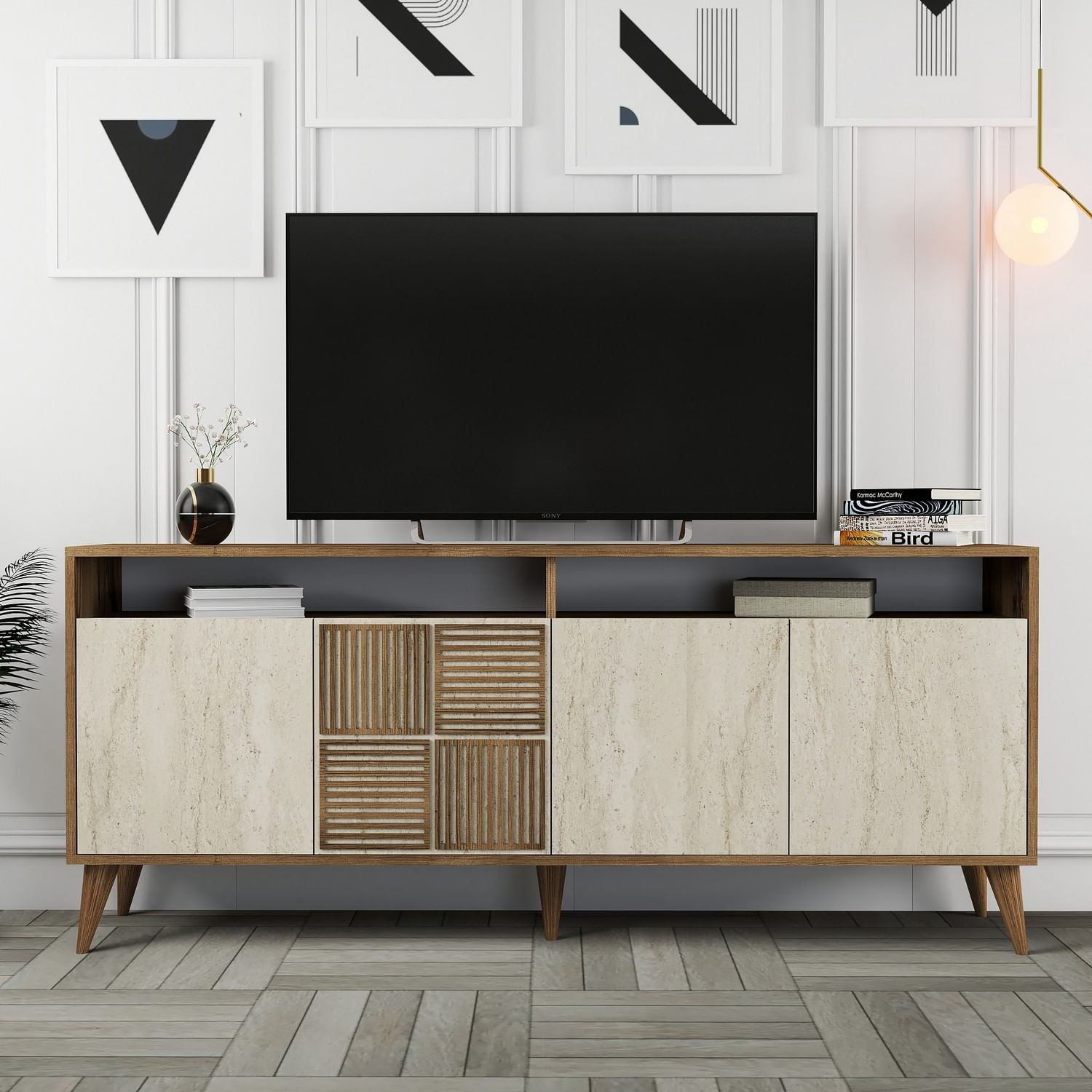 Consola, Hanah Home, panou de particule melaminat, nuc si travertin, 180x35x78 cm, 845HCT5606 — imaginea 7
