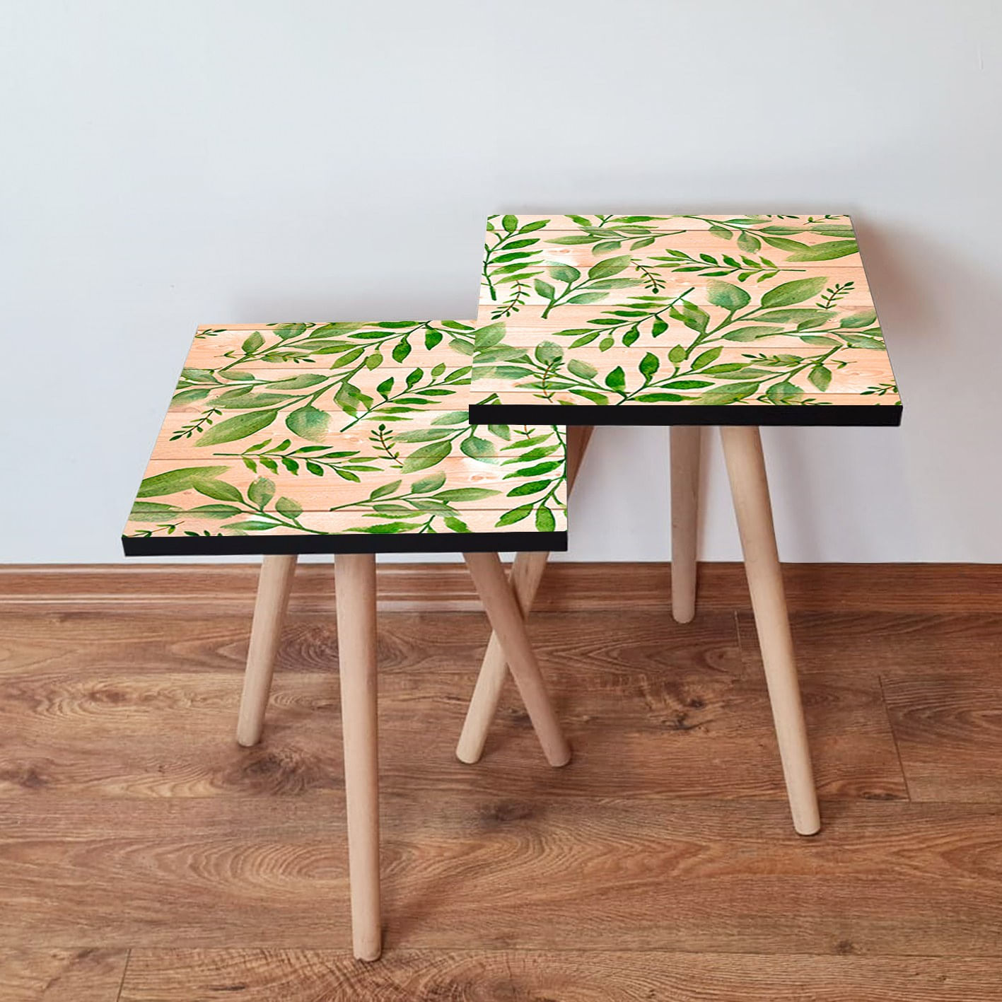 Set masute de cafea, Hanah Home, mdf, verde si somon, 35x35x47 cm, picioare lemn fag