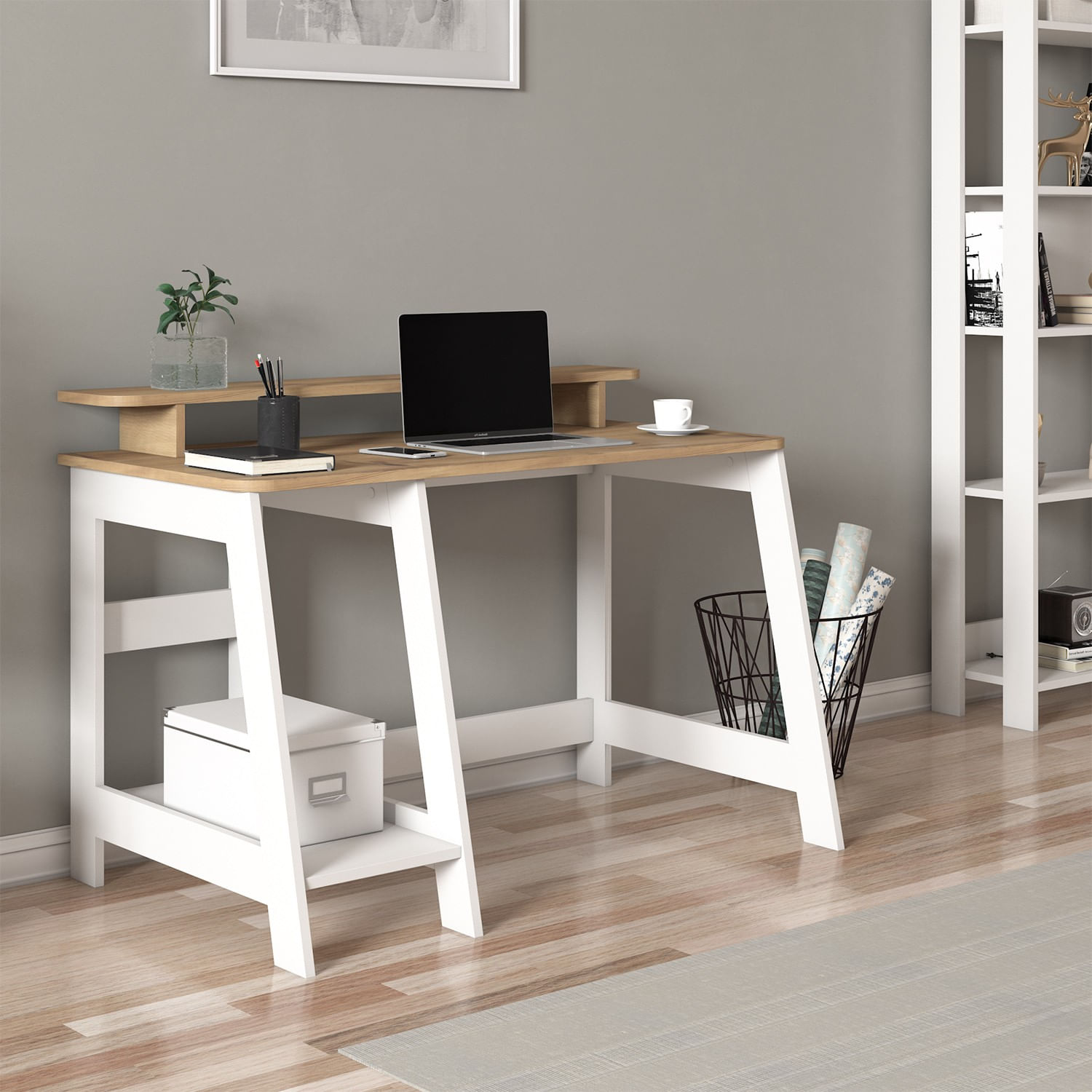 Birou de studiu, Hanah Home, panou de particule melaminat, alb si stejar, 120x60x73 cm — imaginea 3