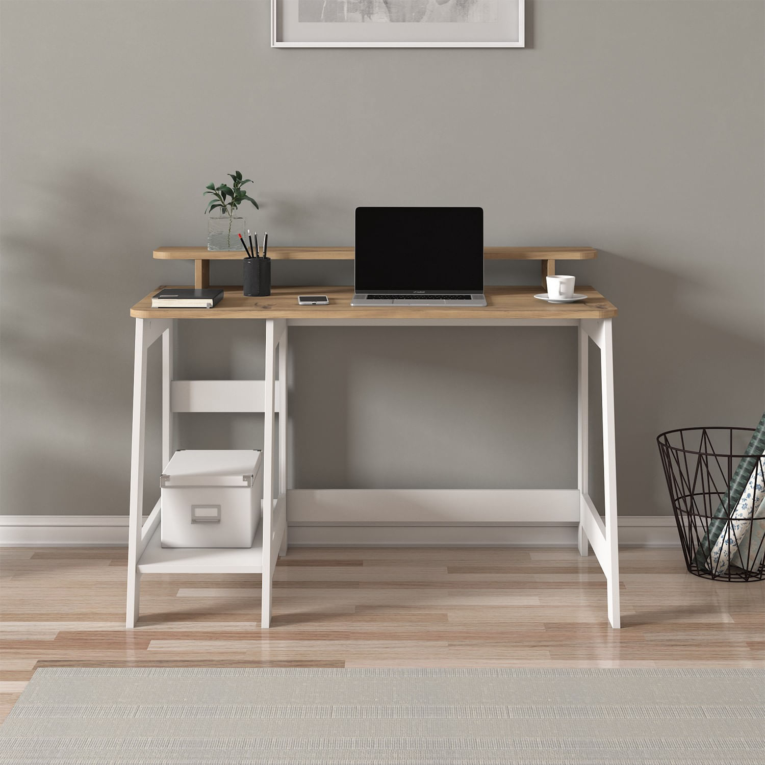 Birou de studiu, Hanah Home, panou de particule melaminat, alb si stejar, 120x60x73 cm — imaginea 5