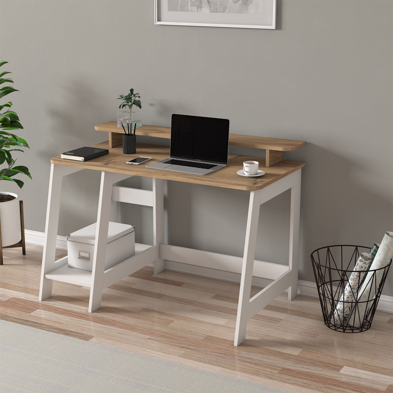 Birou de studiu, Hanah Home, panou de particule melaminat, alb si stejar, 120x60x73 cm — imaginea 6