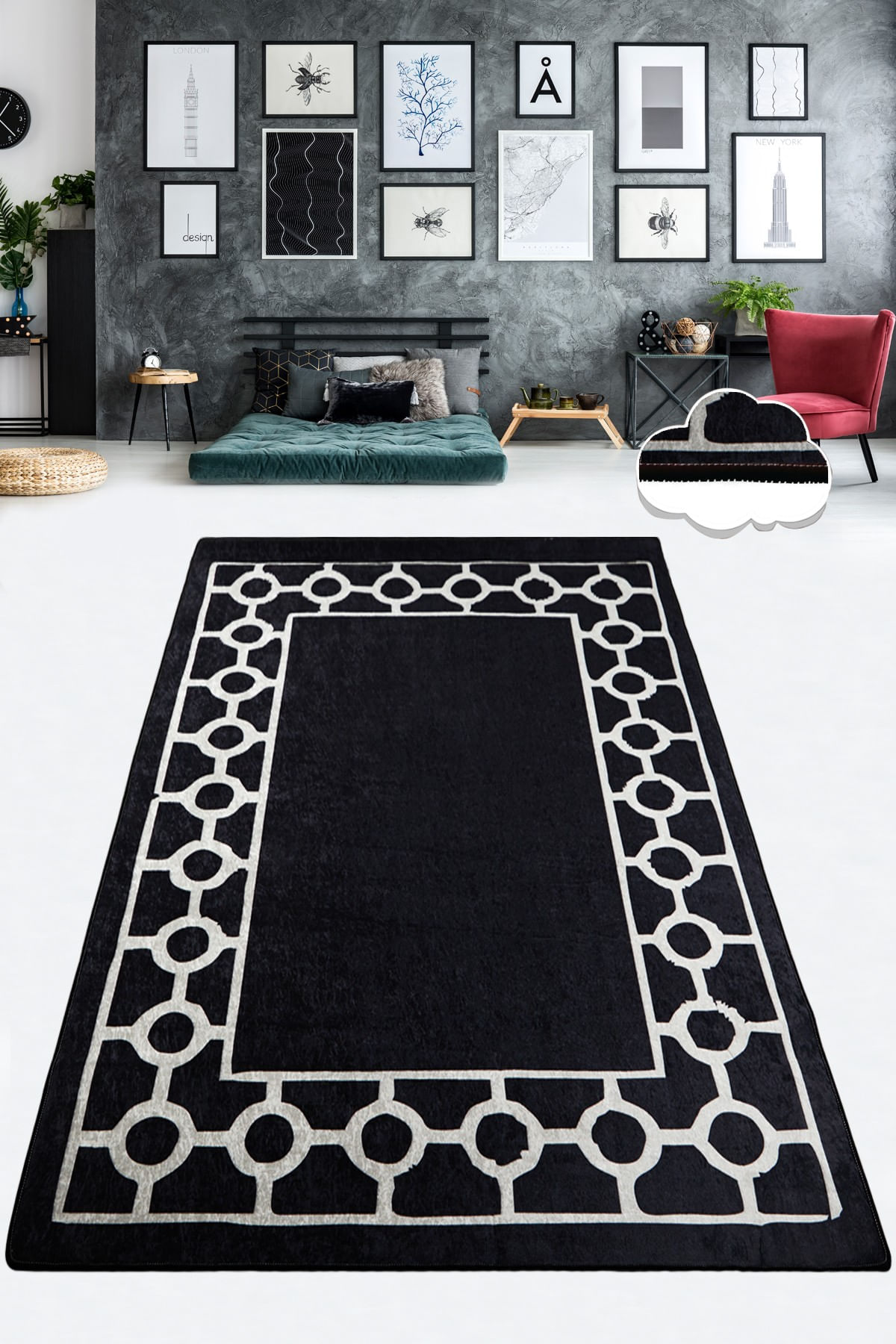 Covor de hol, Conceptum Hypnose, alb-negru, 80x200 cm, 100% poliester, antiderapant, lavabil la masina