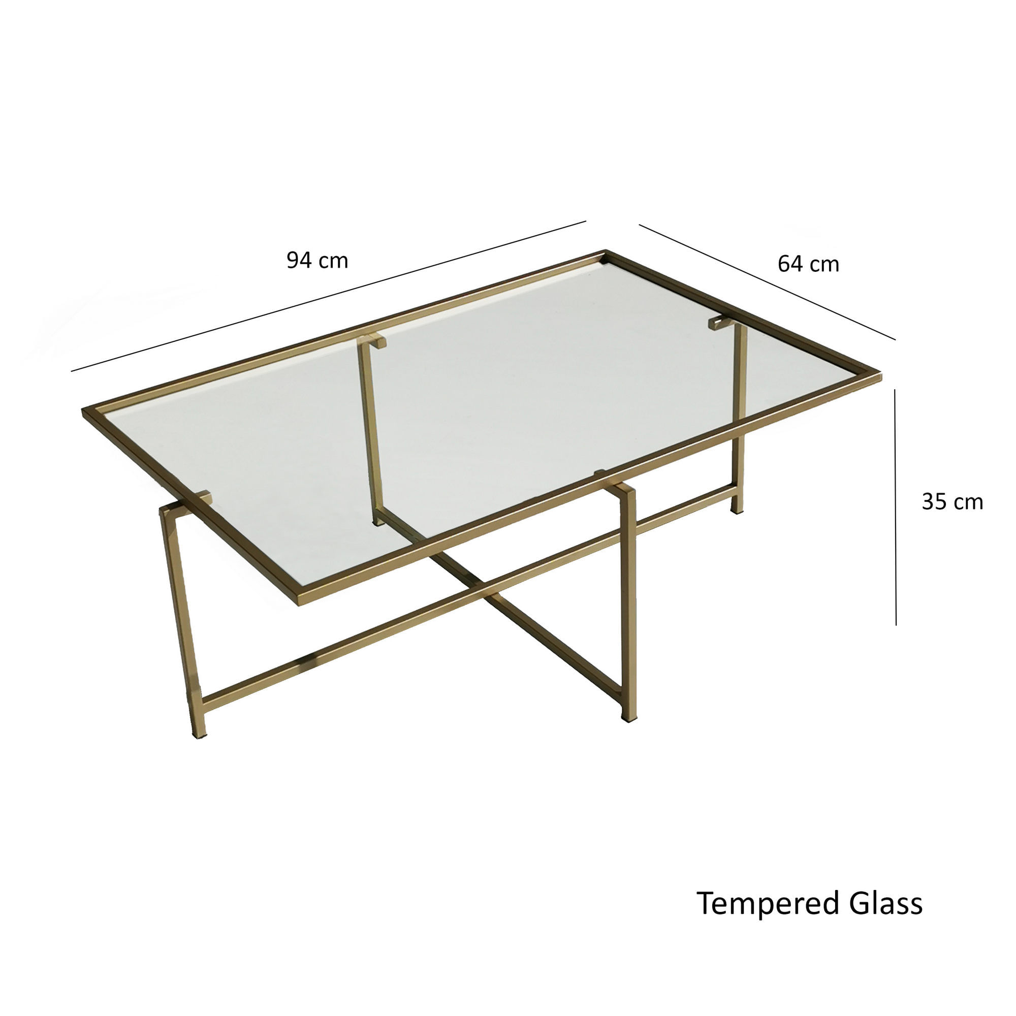 Masuta de cafea, Hanah Home, sticla securizata si metal, auriu, 94x64x35 cm