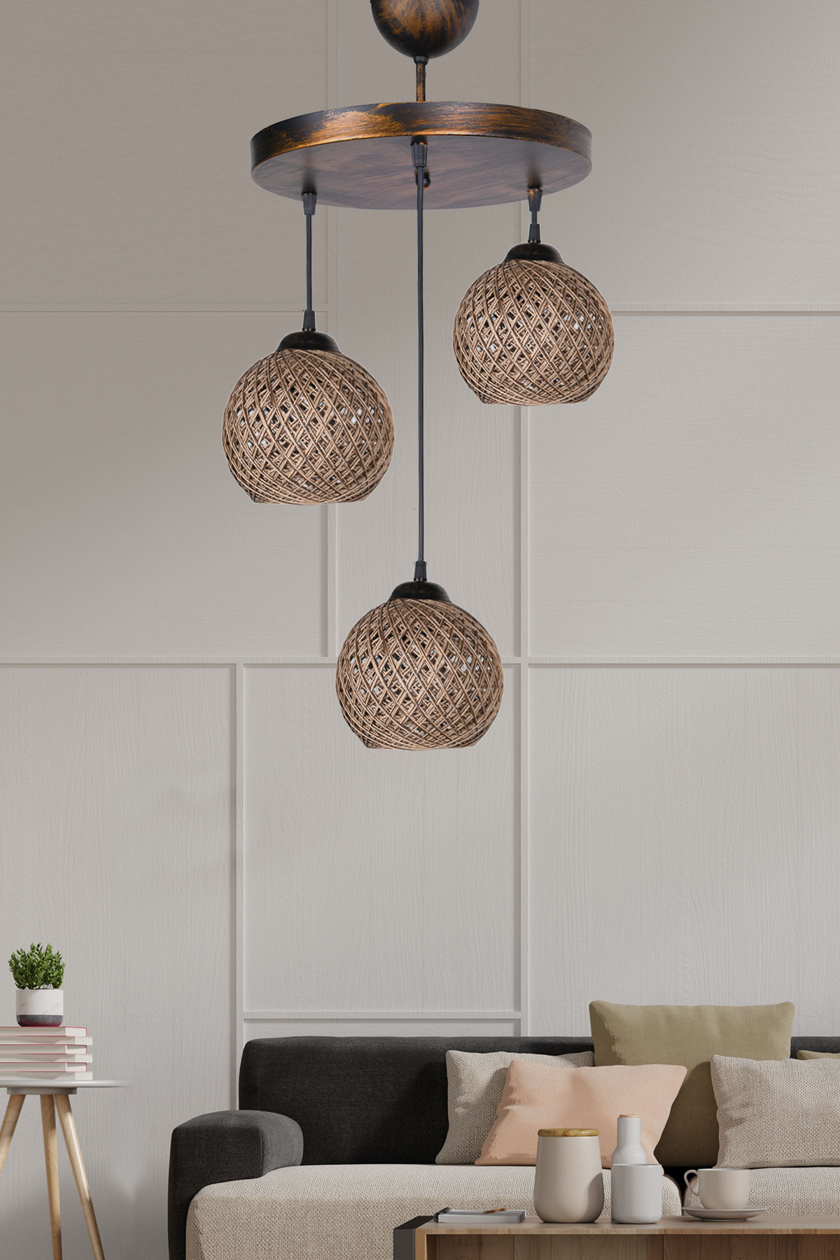 Candelabru, Opviq, metal, capac iuta, bej, 32x32x80 cm
