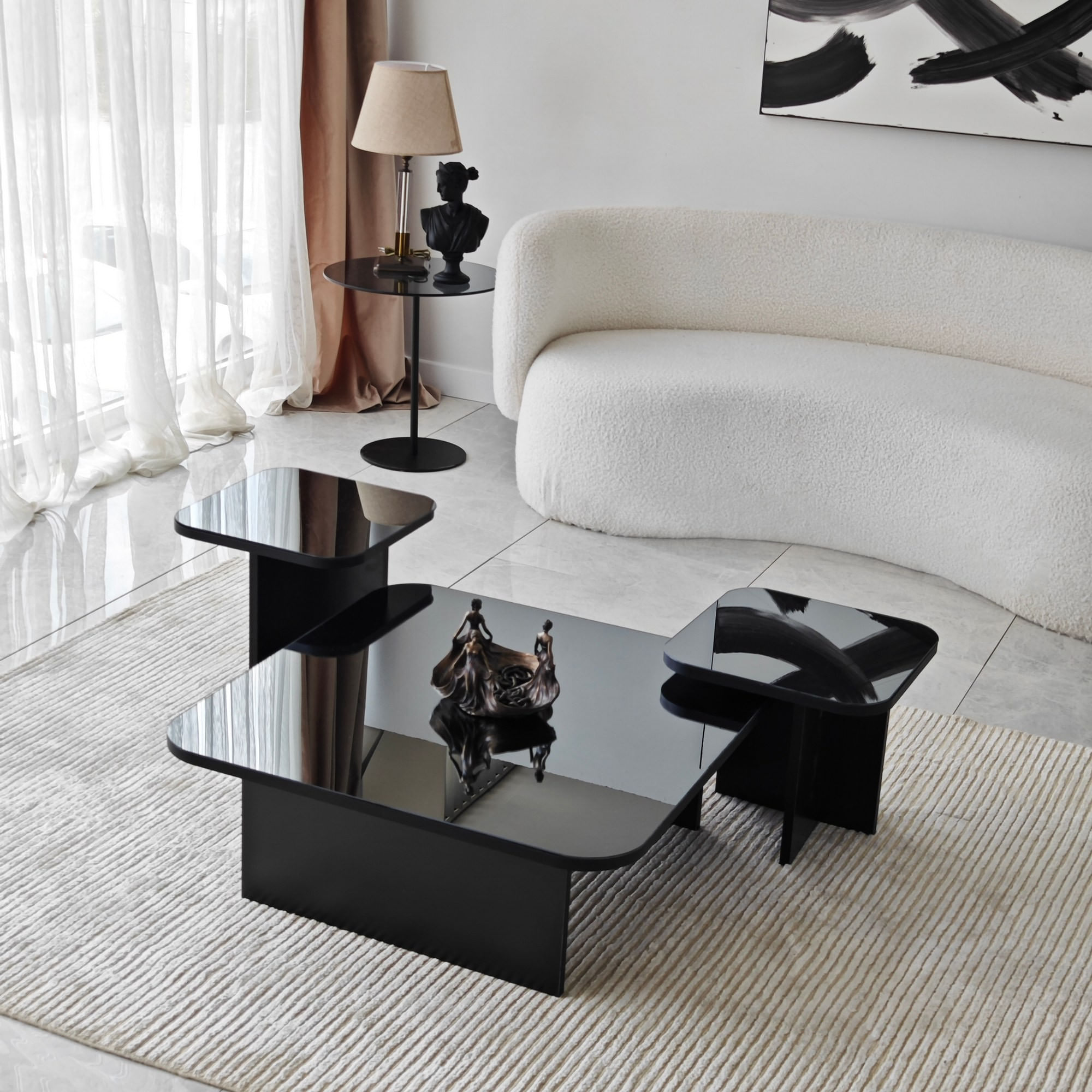 Set masute de cafea, Hanah Home, PAL melaminat, negru si fumuriu, 80x80x30 cm, 40x40x35 cm, 40x40x40 cm — imaginea 4