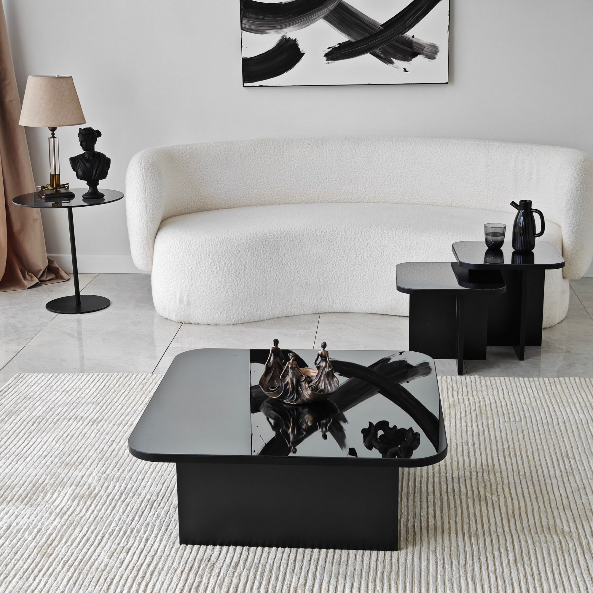Set masute de cafea, Hanah Home, PAL melaminat, negru si fumuriu, 80x80x30 cm, 40x40x35 cm, 40x40x40 cm — imaginea 8