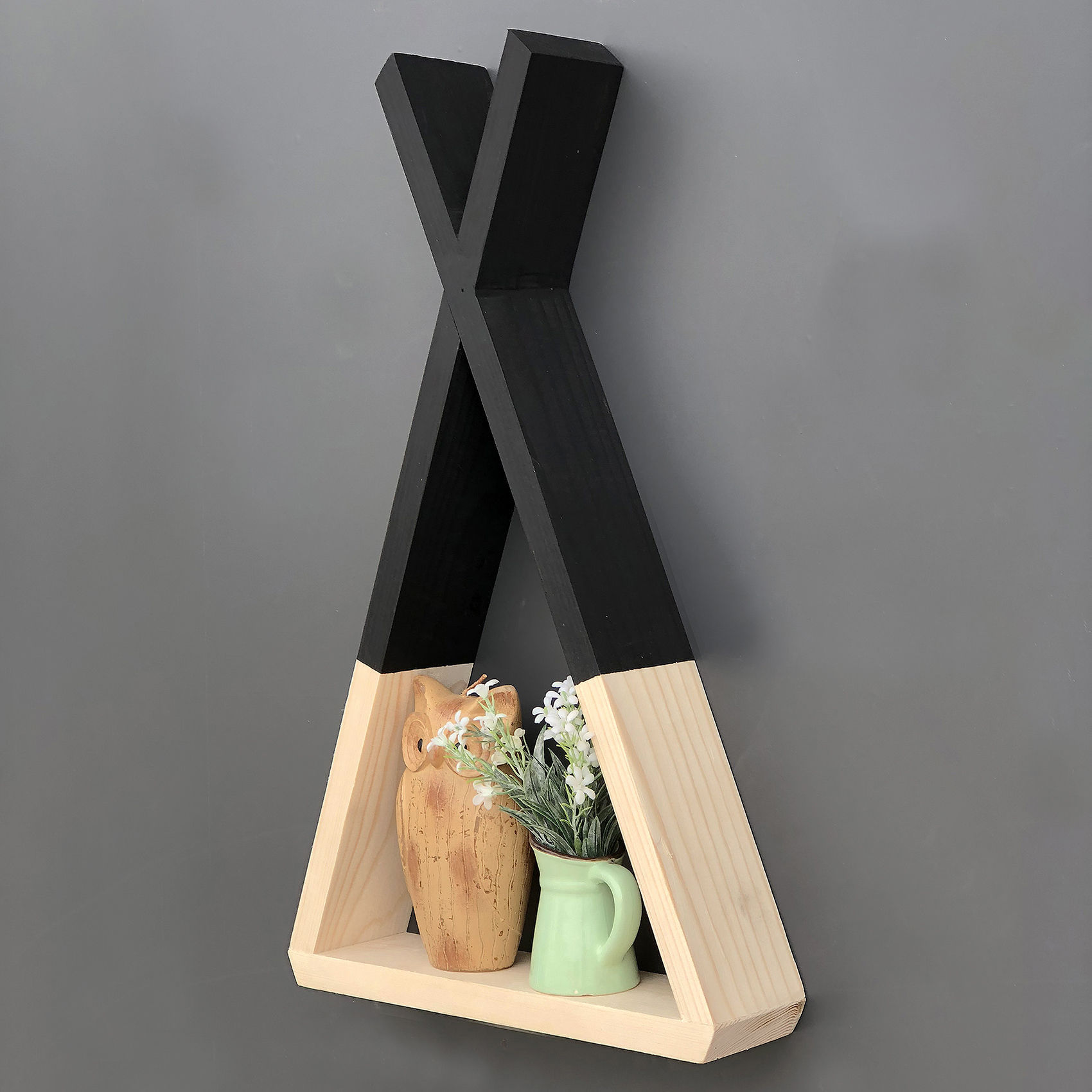 Raft de perete, Hanah Home, lemn masiv, nuc si negru, 25x42x6 cm — imaginea 2