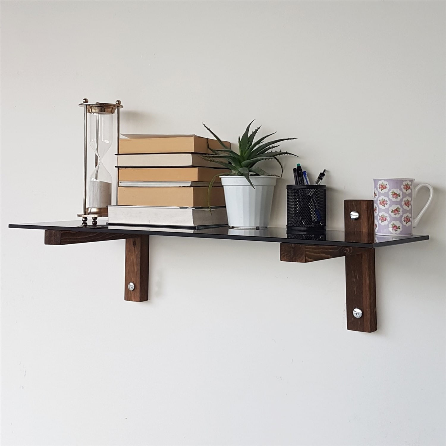 Raft de perete, Hanah Home, sticla calita, rama lemn masiv, nuc si fumuriu, 85x25x25 cm — imaginea 3