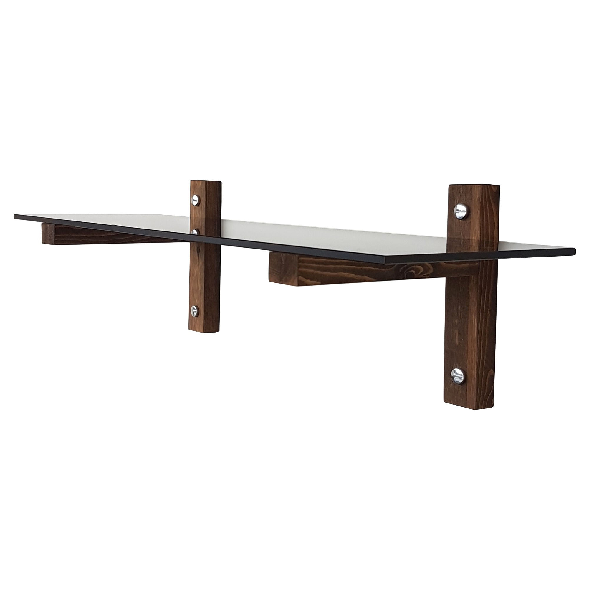 Raft de perete, Hanah Home, sticla calita, rama lemn masiv, nuc si fumuriu, 85x25x25 cm — imaginea 7