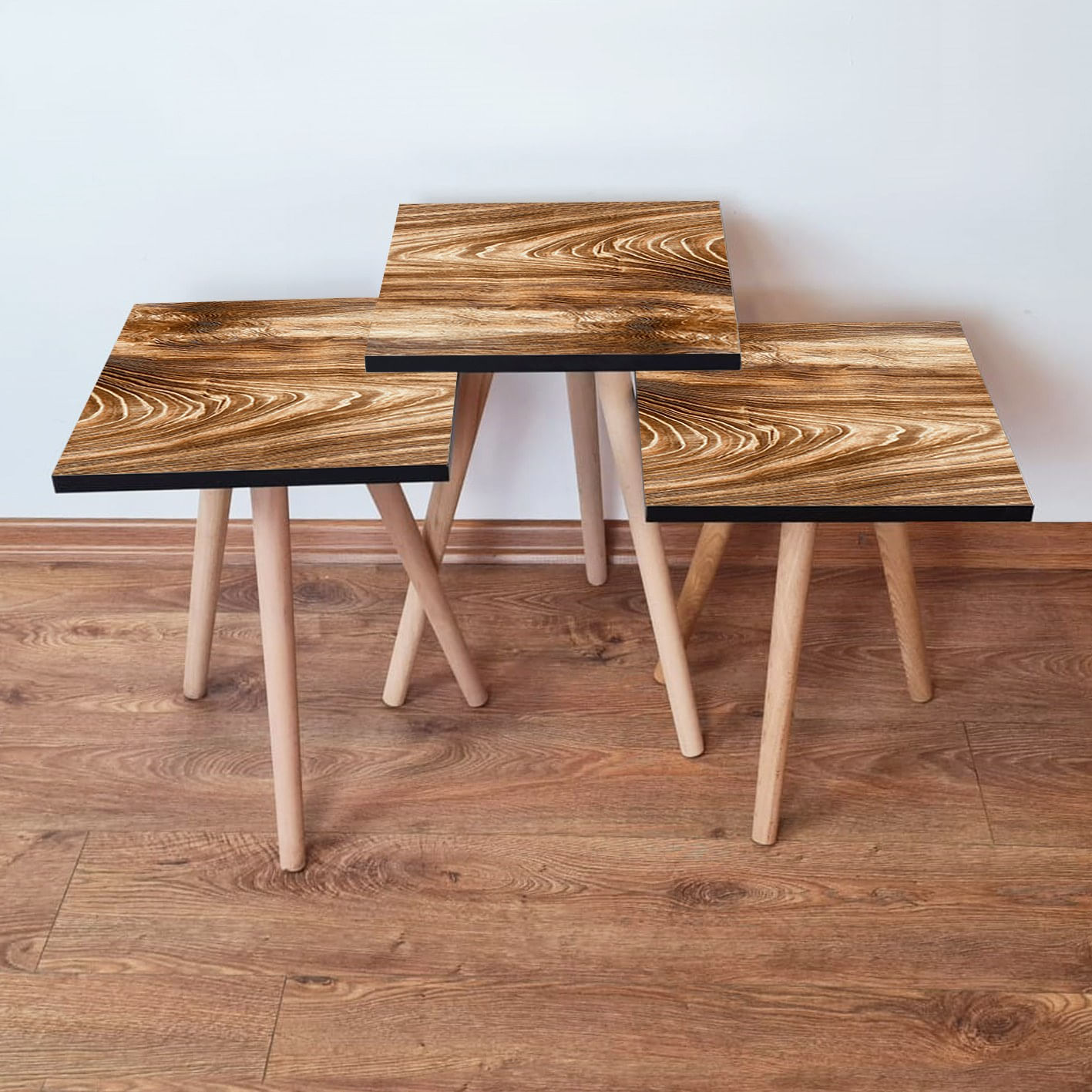 Set masute de cafea, Hanah Home, mdf, maro, picioare lemn fag, 3 piese