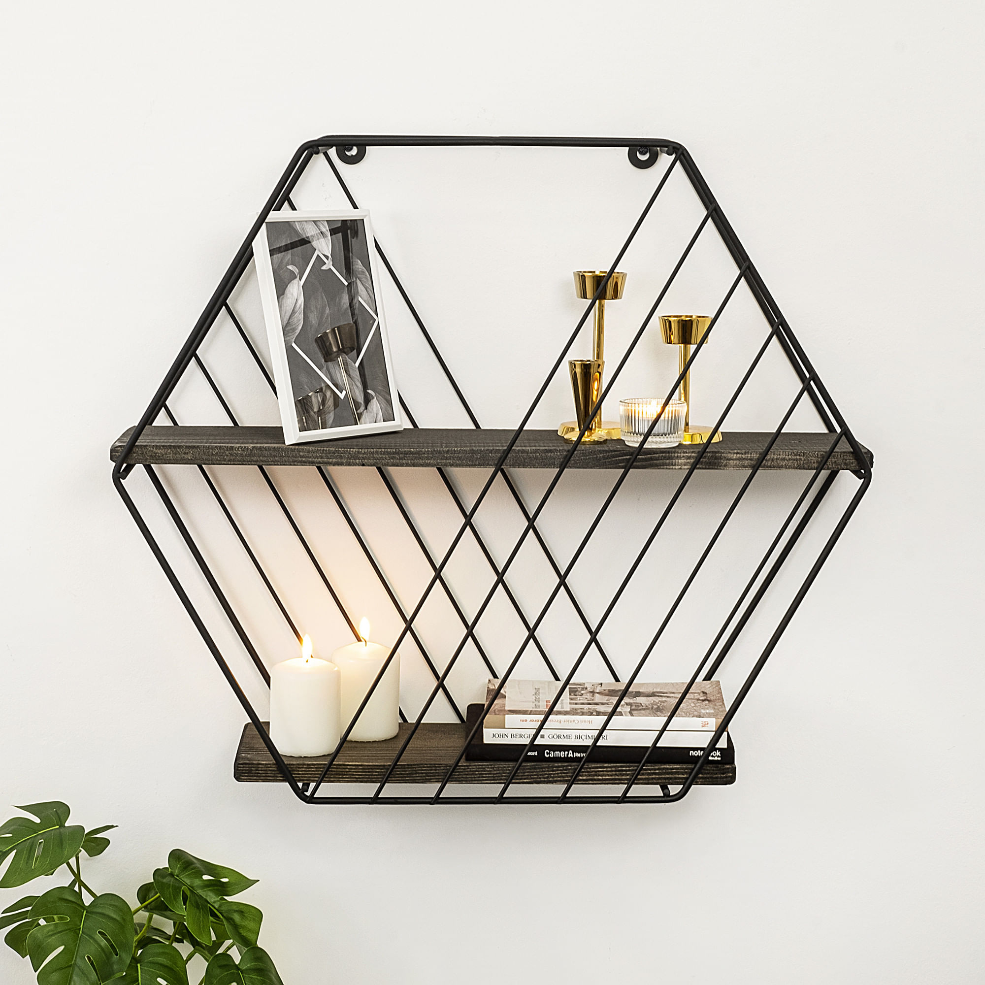 Raft de perete, Hanah Home, lemn molid, negru si nuc inchis, 60x52x15 cm — imaginea 6