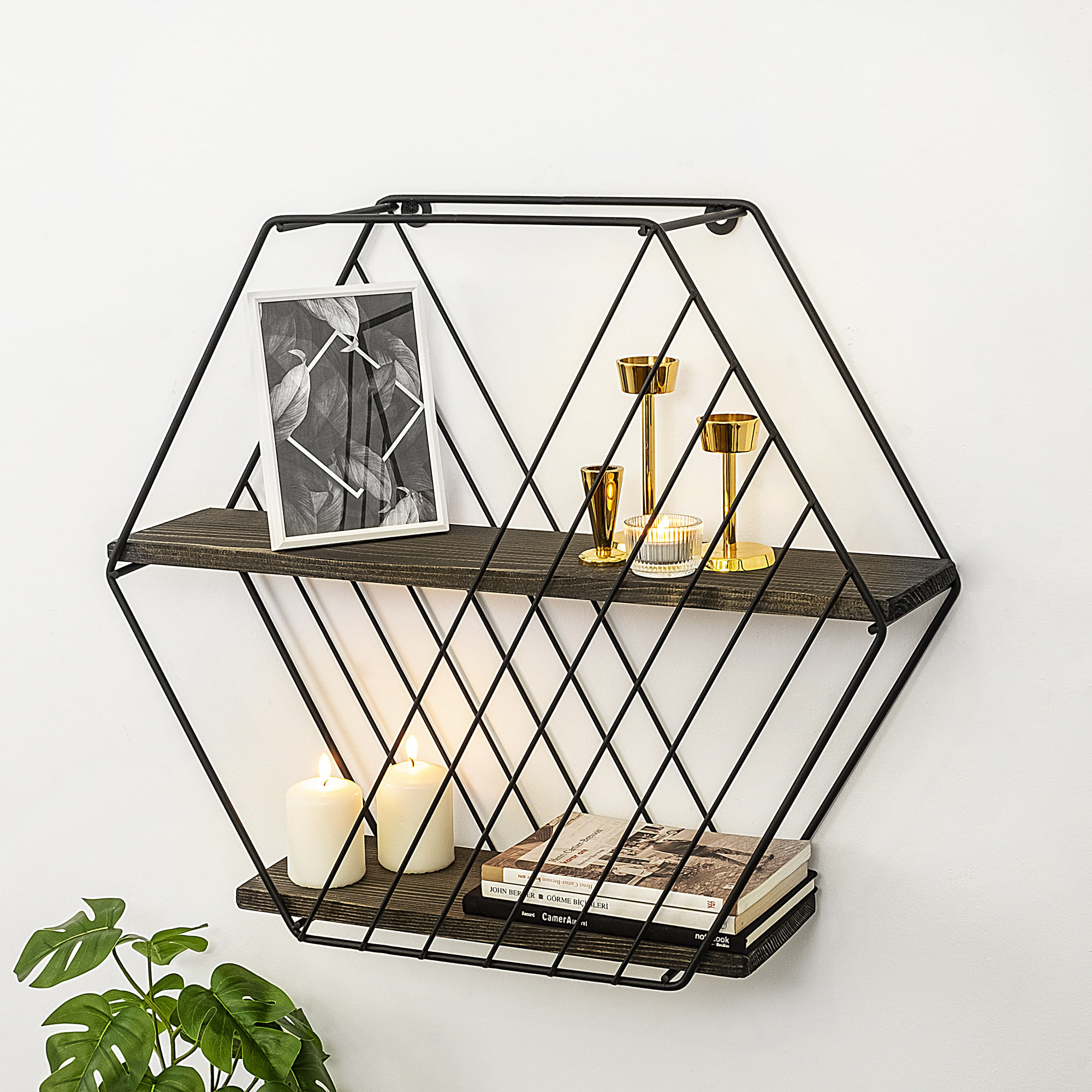 Raft de perete, Hanah Home, lemn molid, negru si nuc inchis, 60x52x15 cm — imaginea 7