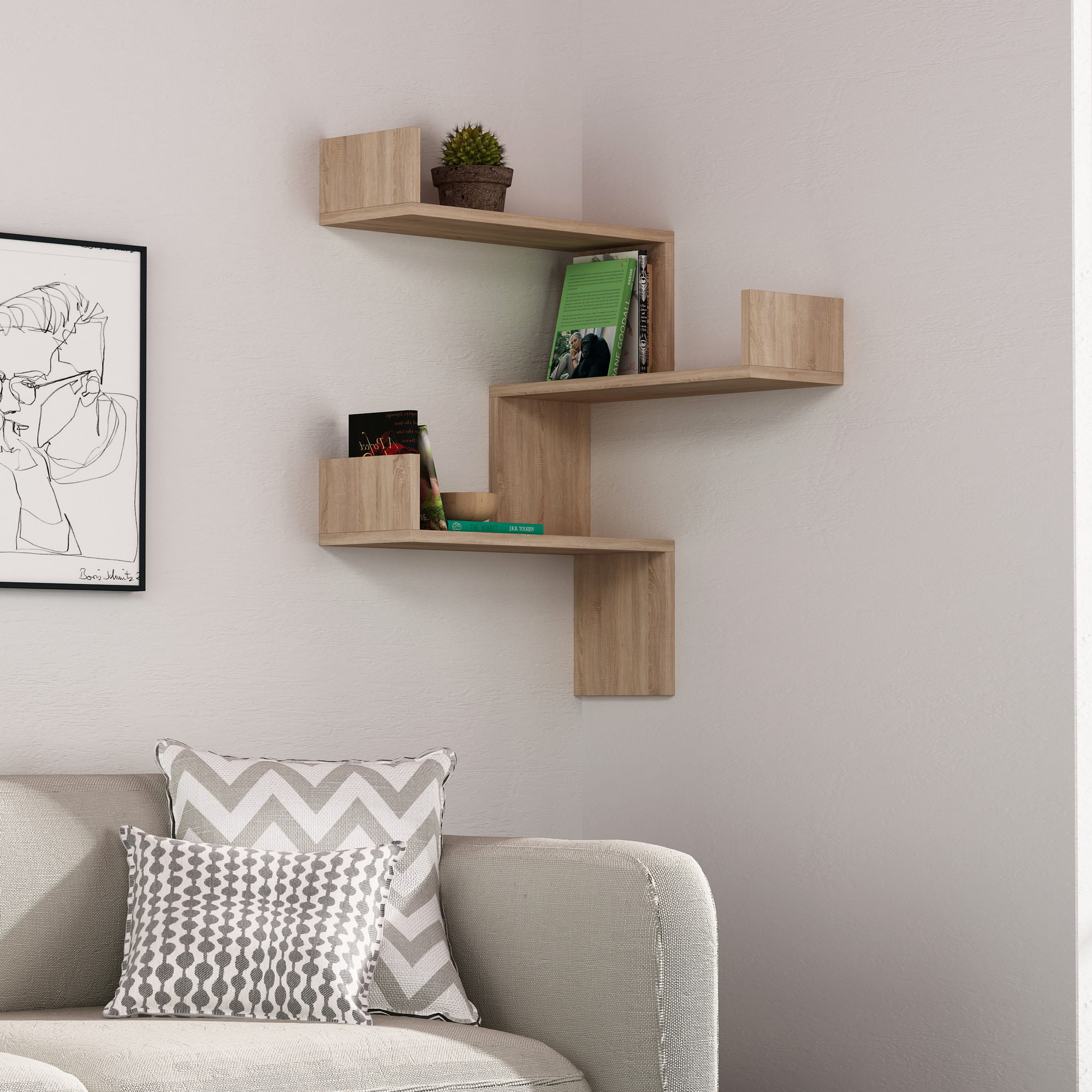 Raft de perete, Hanah Home, pal melaminat, stejar, 60x60x90 cm — imaginea 3