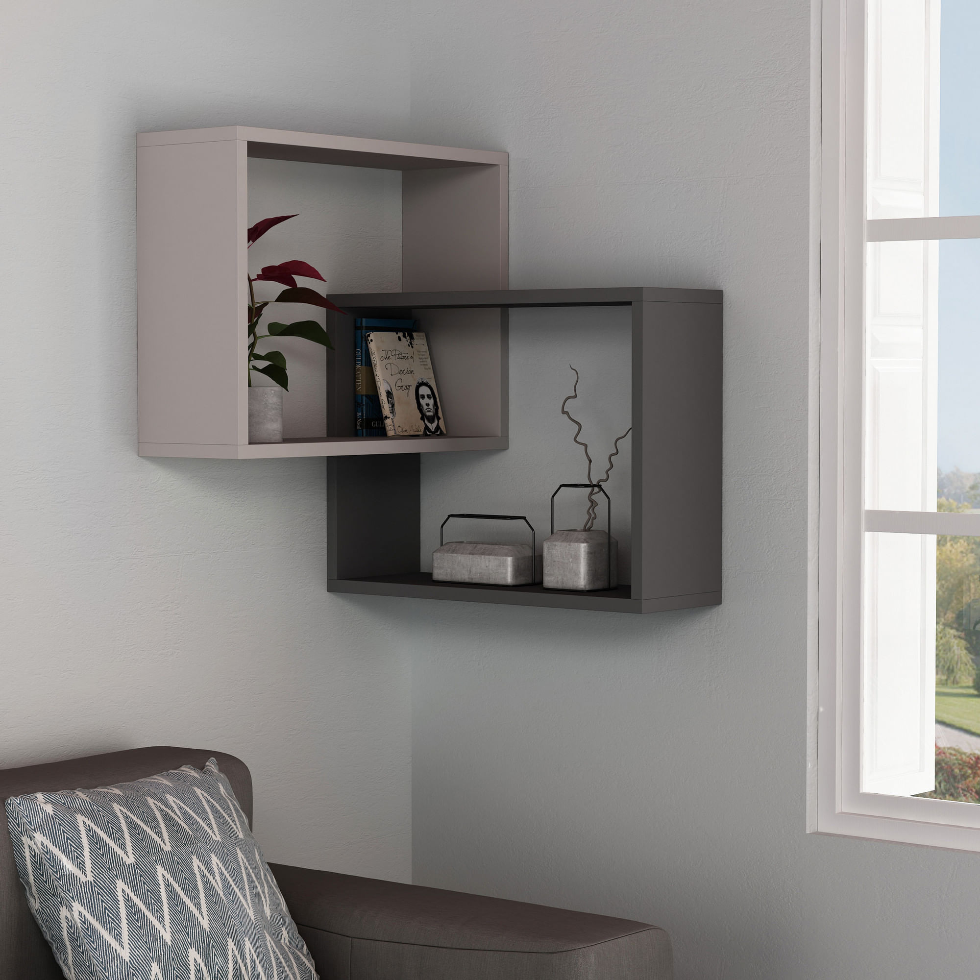 Raft de perete, Hanah Home, pal melaminat, mocha deschis si antracit, 68x68x60 cm — imaginea 2