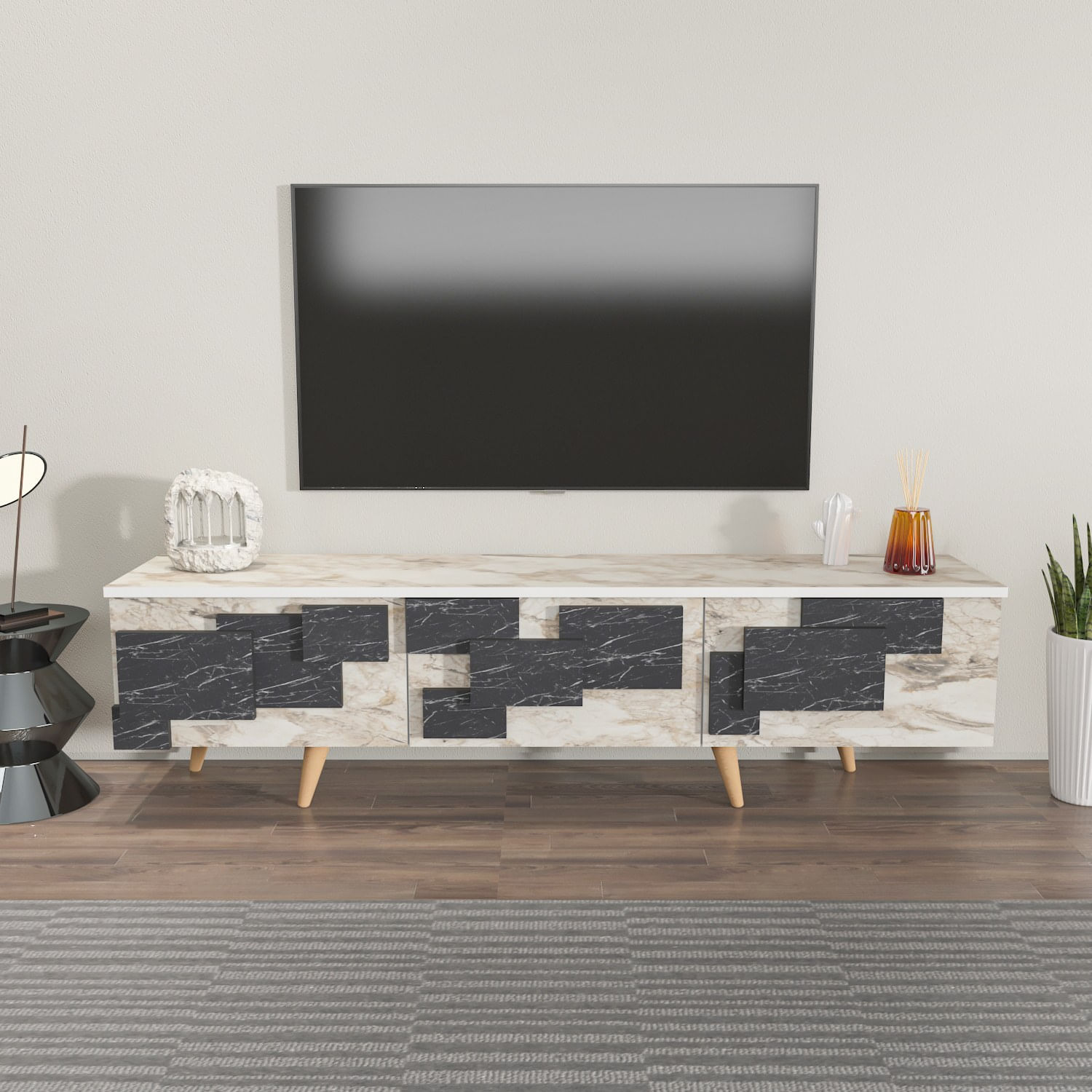 Comoda tv, Hanah Home, pal melaminat, alb marmura, 160x45x35 cm — imaginea 2