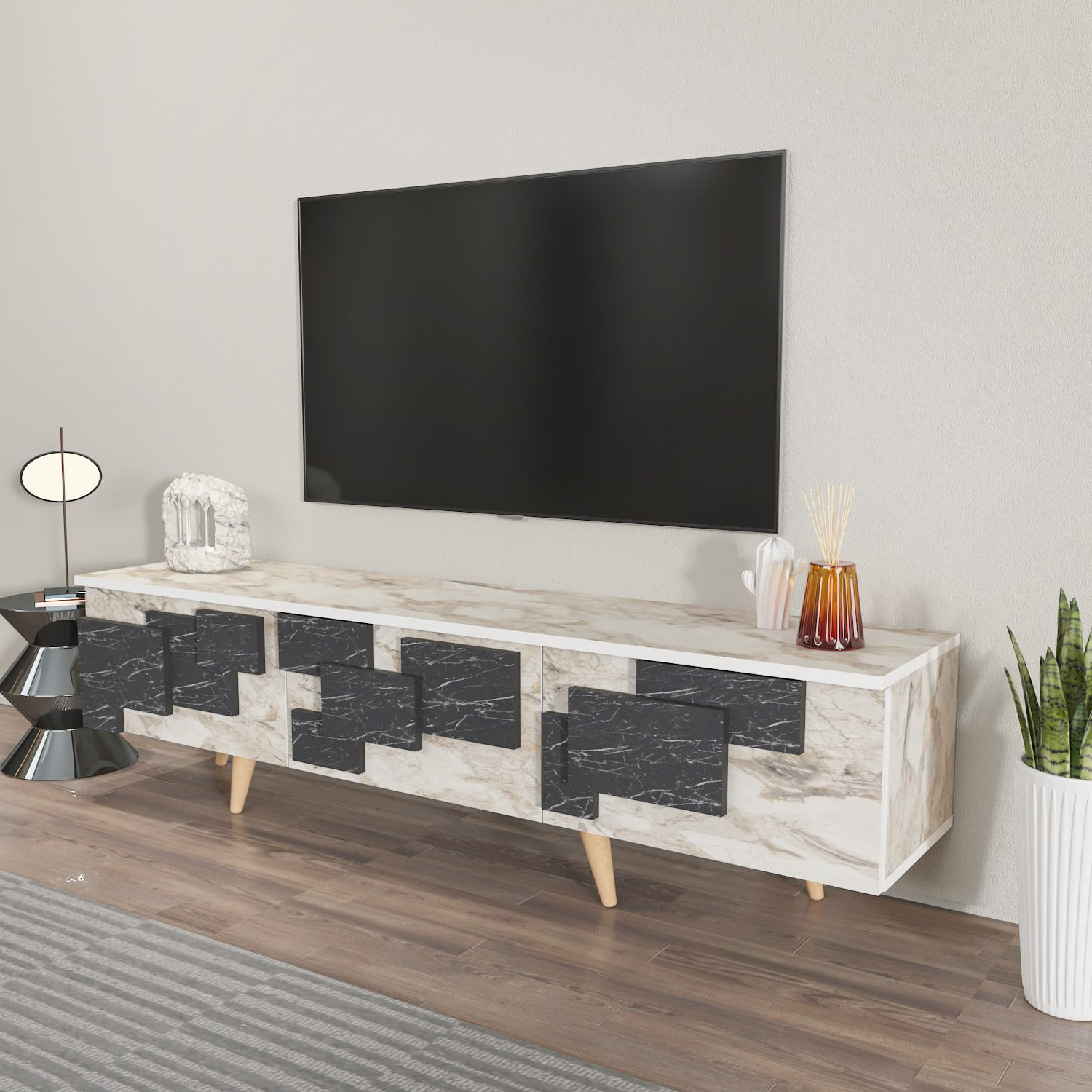 Comoda tv, Hanah Home, pal melaminat, alb marmura, 160x45x35 cm — imaginea 4