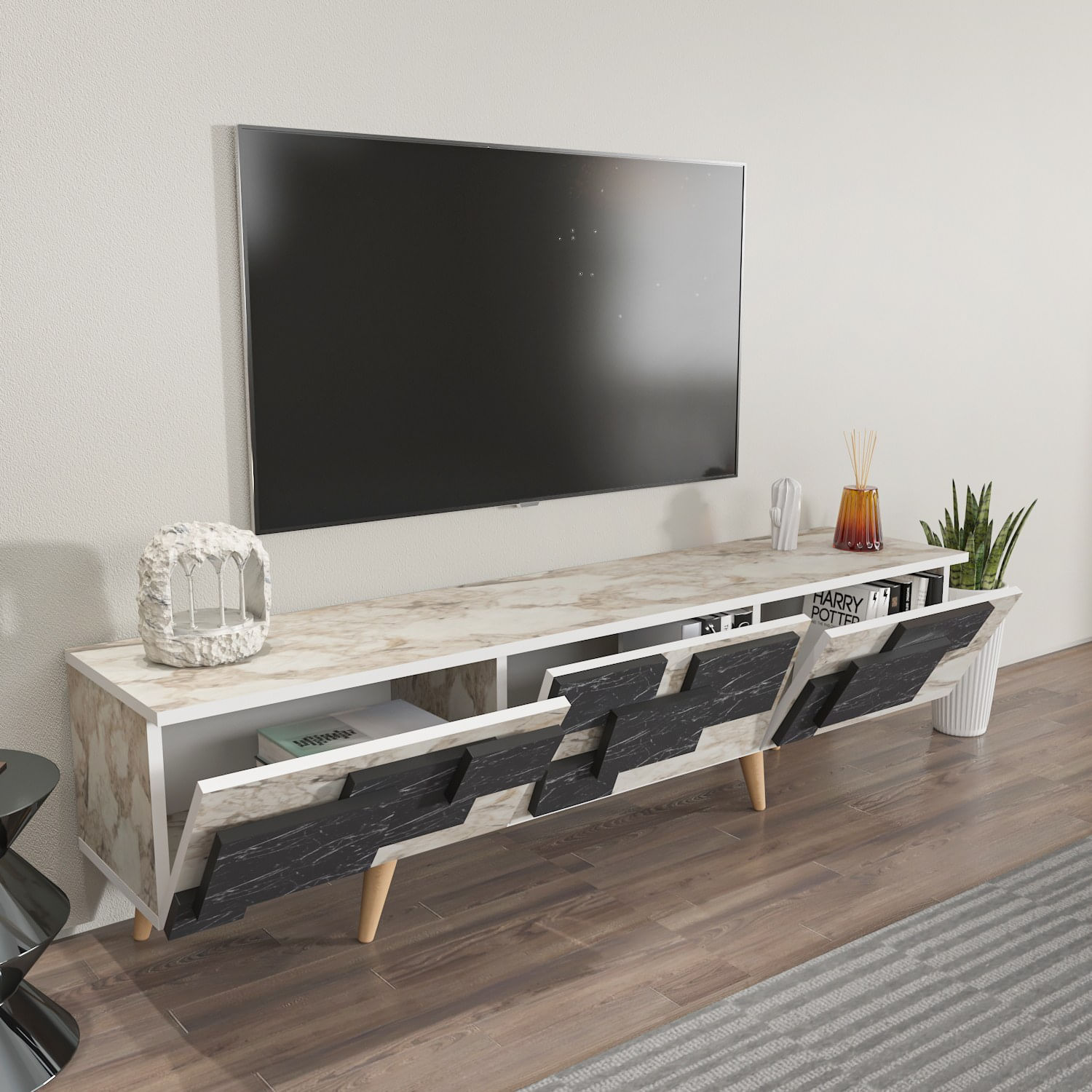 Comoda tv, Hanah Home, pal melaminat, alb marmura, 160x45x35 cm — imaginea 5