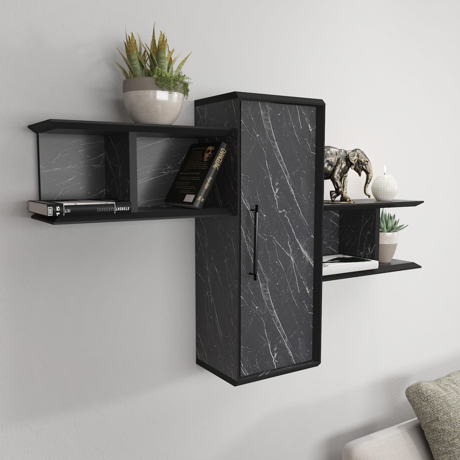 Raft de perete, Hanah Home, pal melaminat, negru, 118.6x35x51.8 cm — imaginea 4