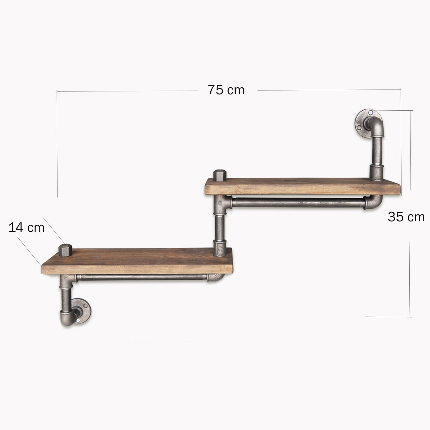 Raft cu tevi, Hanah Home, lemn de molid si metal, negru si nuc, 75x35x14 cm — imaginea 3