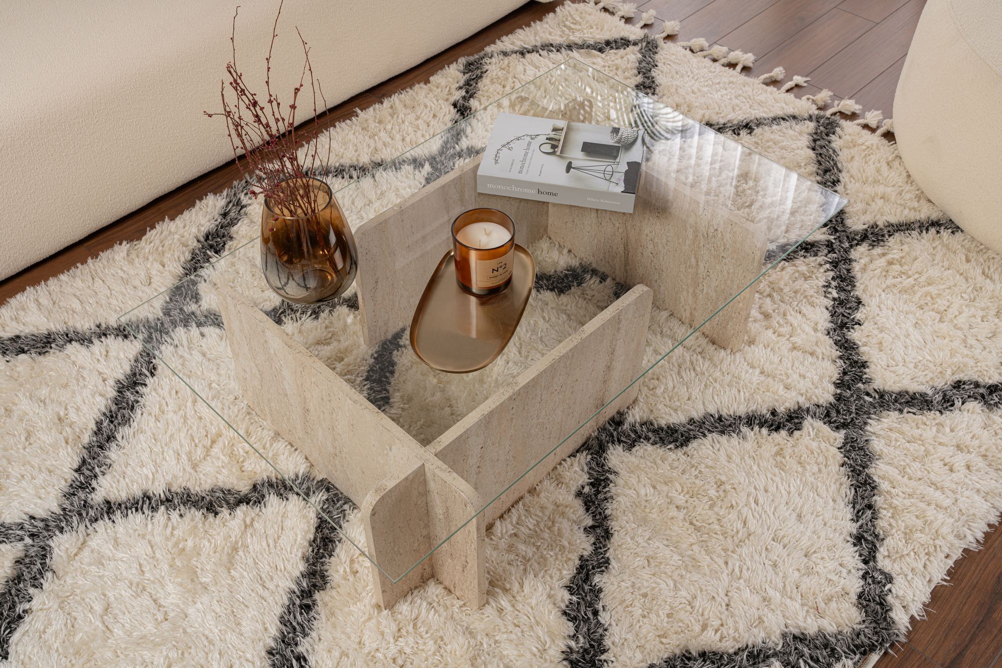 Masuta de cafea, Hanah Home, sticla securizata si PAL melaminat, travertin, 105x65x30 cm — imaginea 3